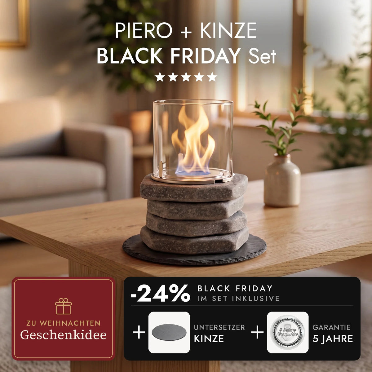 Tischfeuer PIERO mit brennender Flamme auf dem Schiefer-Untersetzer KINZE im Wohnzimmer, PIERO + KINZE BLACK FRIDAY Set (KI-Inhalte)
