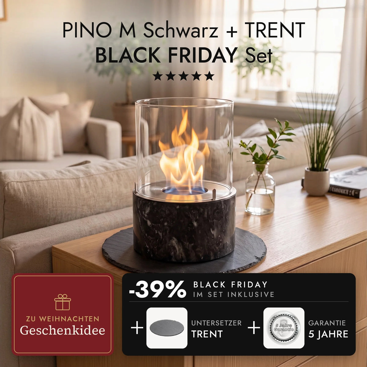 Tafelvuur PINO M Zwart met brandende vlam op de leisteen onderzetter TRENT in de woonkamer, PINO M Zwart + TRENT BLACK FRIDAY Set (AI-content)