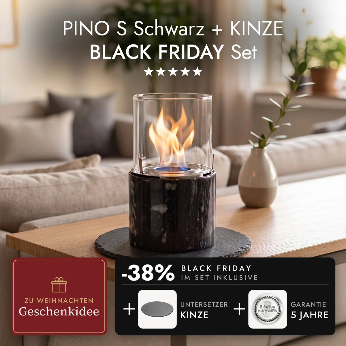 Tischfeuer PINO S Schwarz mit brennender Flamme auf dem Schiefer-Untersetzer KINZE im Wohnzimmer, PINO S Schwarz + KINZE BLACK FRIDAY Set (KI-Inhalte)