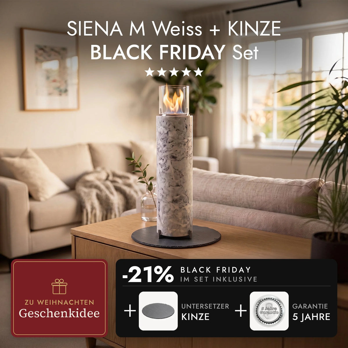 Tafelvuur SIENA M Wit met brandende vlam op de leisteen onderzetter KINZE in de woonkamer, SIENA M Wit + KINZE BLACK FRIDAY Set (AI-content)