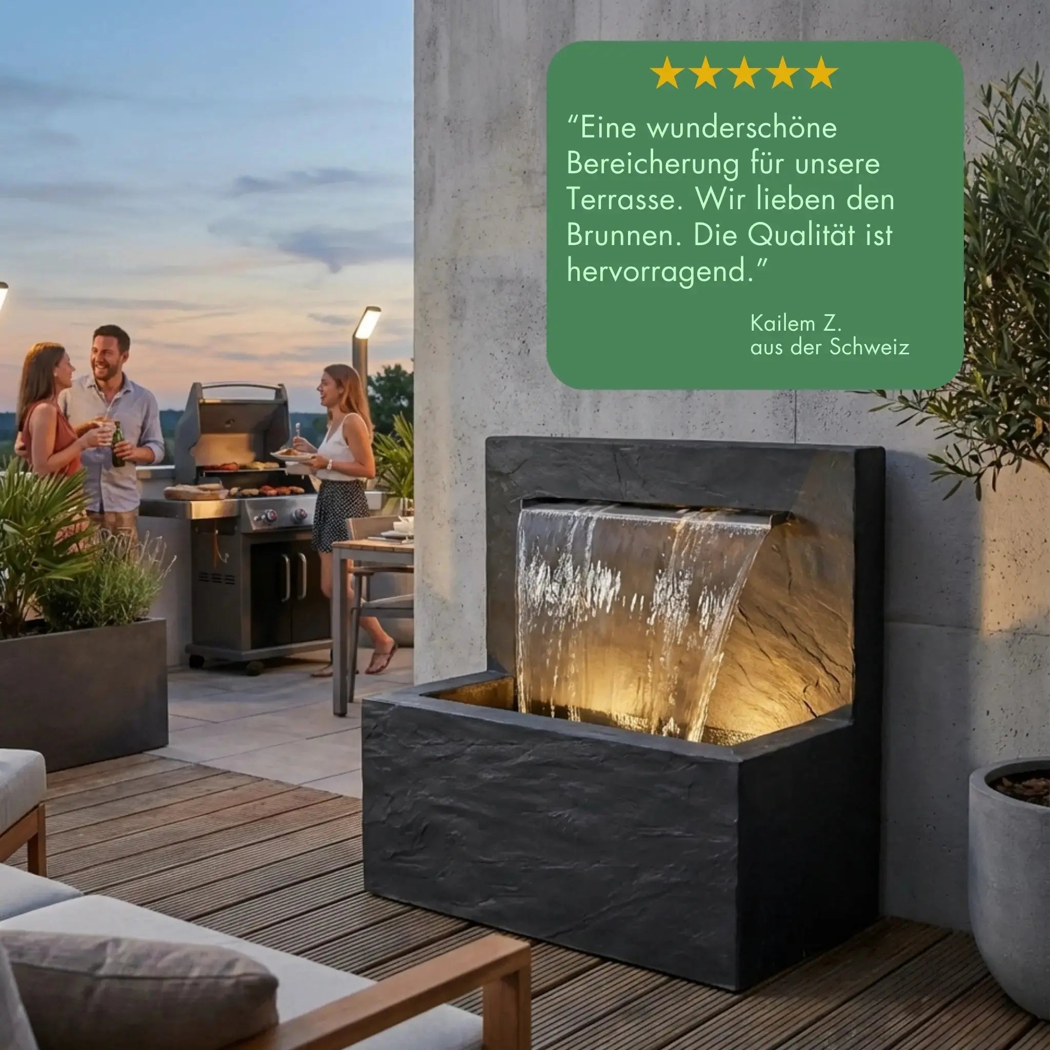 VICTORIA Falls – Edler Schiefer Gartenbrunnen mit Wasserfall und Beleuchtung (90 × 50 × 90 cm) - CLIMAQUA
