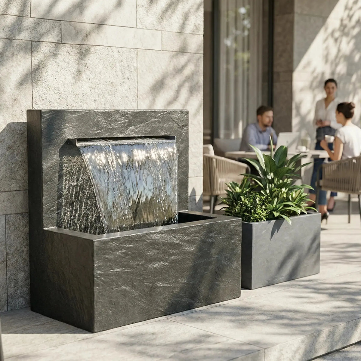 VICTORIA Falls – Edler Schiefer Gartenbrunnen mit Wasserfall und Beleuchtung (90 × 50 × 90 cm) - CLIMAQUA