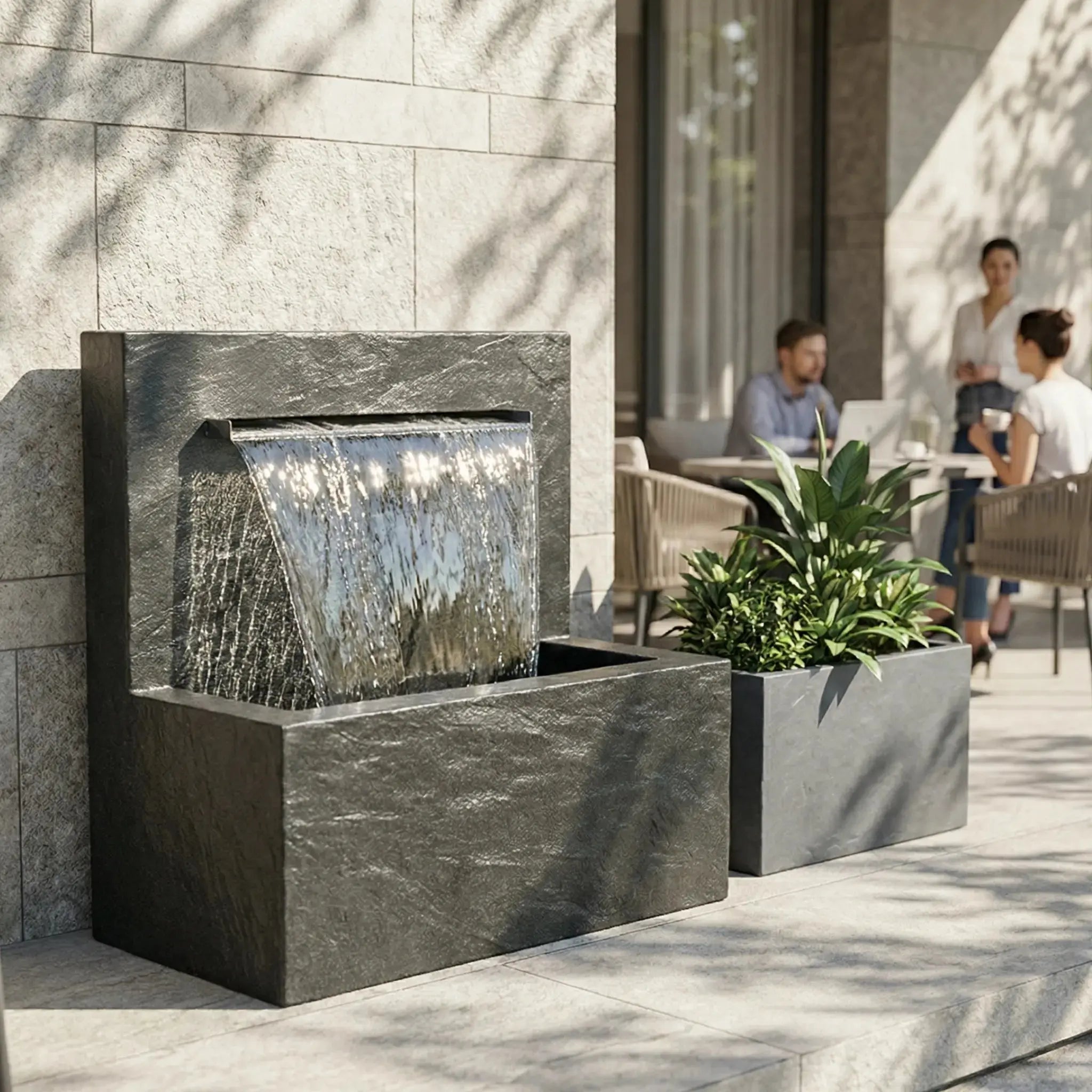 VICTORIA Falls – Edler Schiefer Gartenbrunnen mit Wasserfall und Beleuchtung (90 × 50 × 90 cm) - CLIMAQUA
