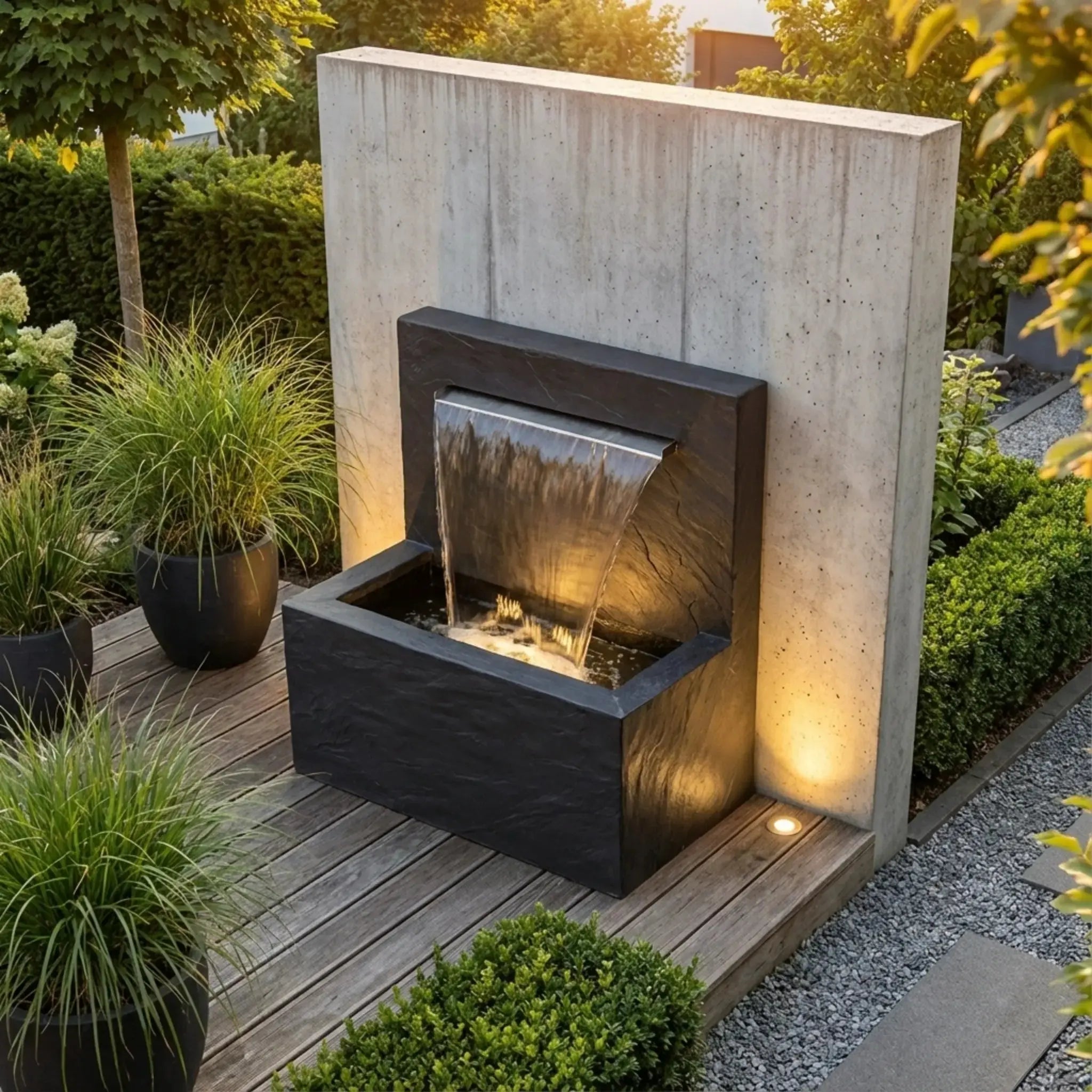 VICTORIA Falls – Edler Schiefer Gartenbrunnen mit Wasserfall und Beleuchtung (90 × 50 × 90 cm) - CLIMAQUA