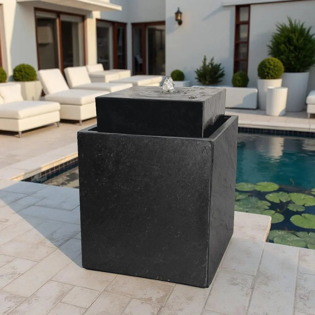 VIDA 40 Anthrazit – stilvoller Würfelbrunnen schwarz, Naturschiefer, Vogeltränke, dezentes Licht, 38 x 38 x 48 cm, 36 kg - CLIMAQUA