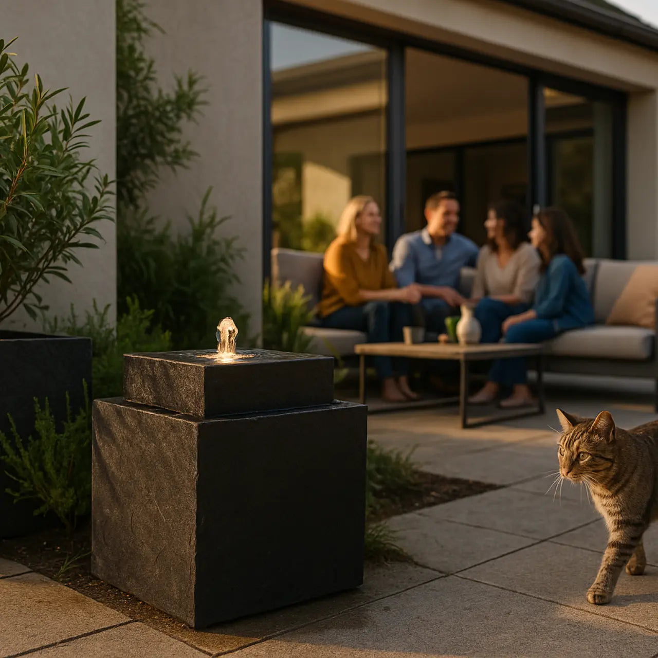 VIDA 40 Anthrazit – stilvoller Würfelbrunnen schwarz, Naturschiefer, Vogeltränke, dezentes Licht, 38 x 38 x 48 cm, 36 kg - CLIMAQUA