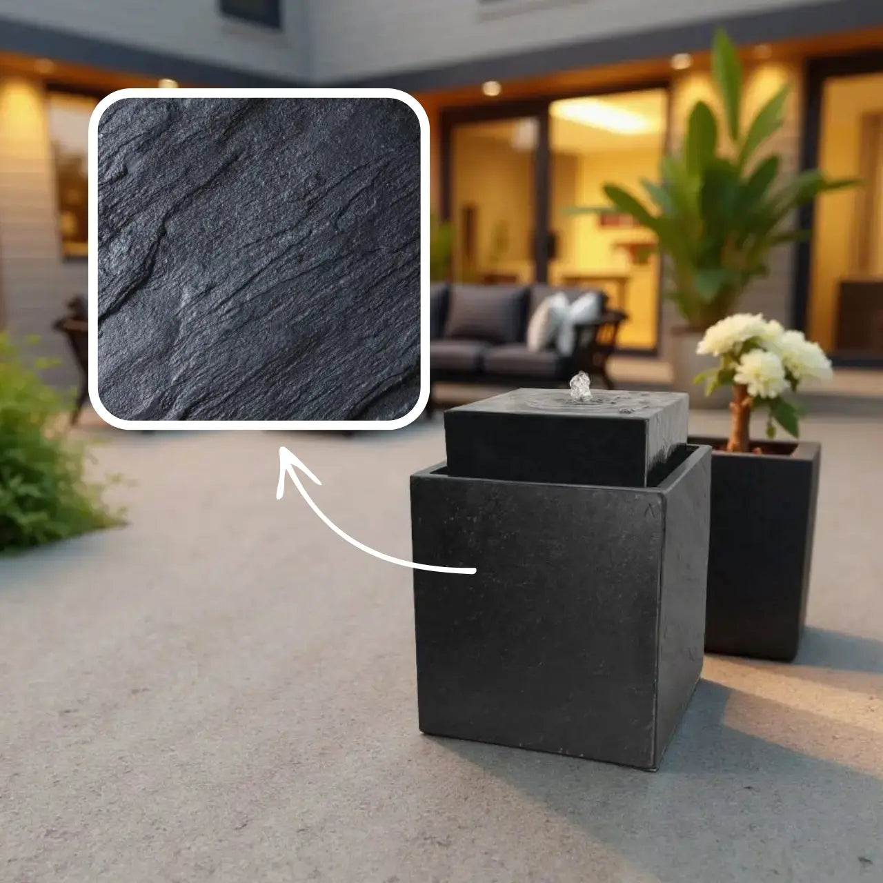 VIDA 40 Anthrazit – stilvoller Würfelbrunnen schwarz, Naturschiefer, Vogeltränke, dezentes Licht, 38 x 38 x 48 cm, 36 kg - CLIMAQUA