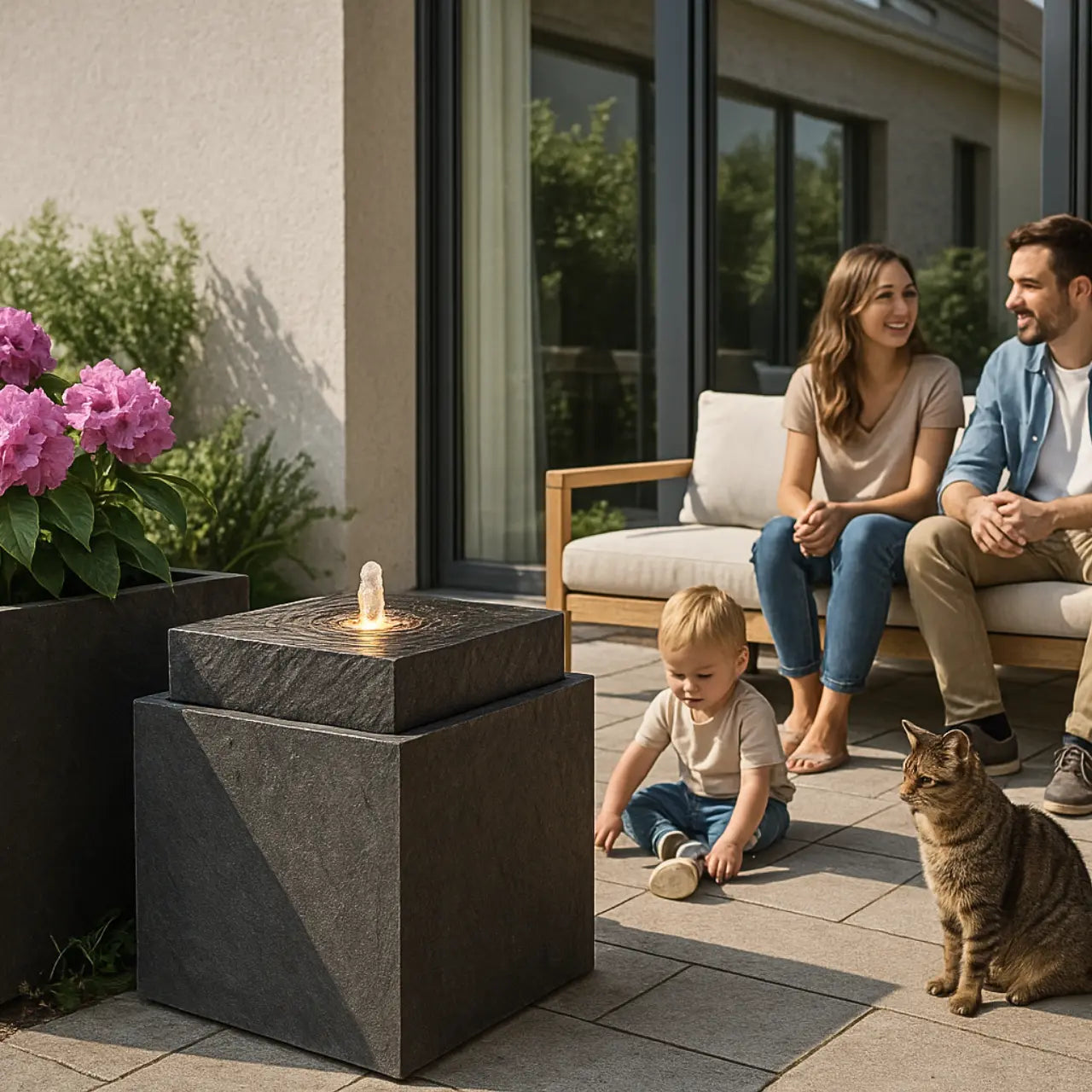 VIDA 40 Anthrazit – stilvoller Würfelbrunnen schwarz, Naturschiefer, Vogeltränke, dezentes Licht, 38 x 38 x 48 cm, 36 kg - CLIMAQUA