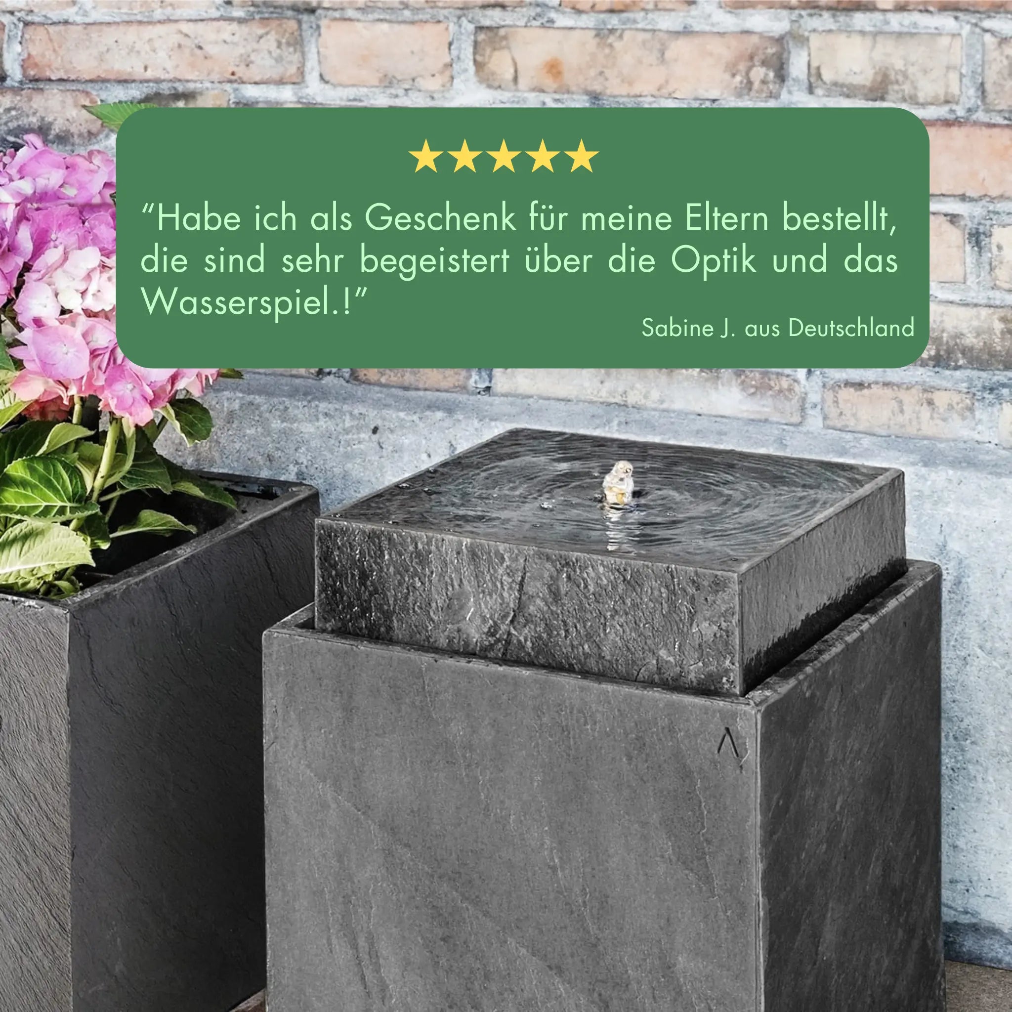 VIDA 40 Anthrazit – stilvoller Würfelbrunnen schwarz, Naturschiefer, Vogeltränke, dezentes Licht, 38 x 38 x 48 cm, 36 kg - CLIMAQUA