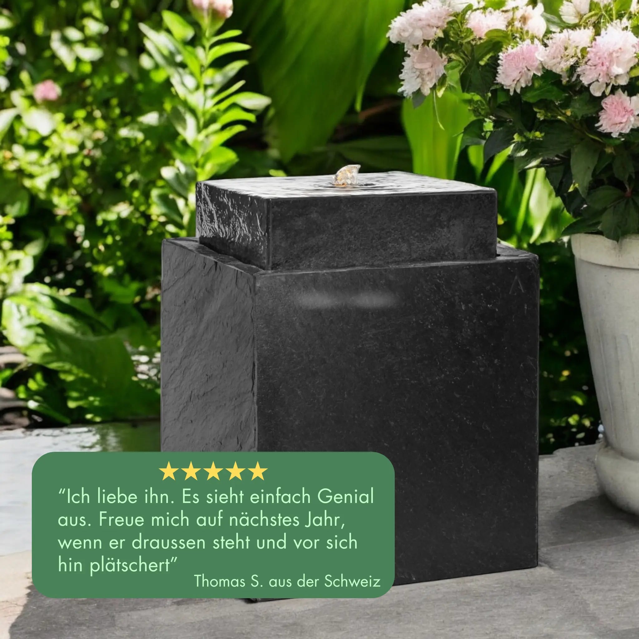 VIDA 40 Anthrazit – stilvoller Würfelbrunnen schwarz, Naturschiefer, Vogeltränke, dezentes Licht, 38 x 38 x 48 cm, 36 kg - CLIMAQUA