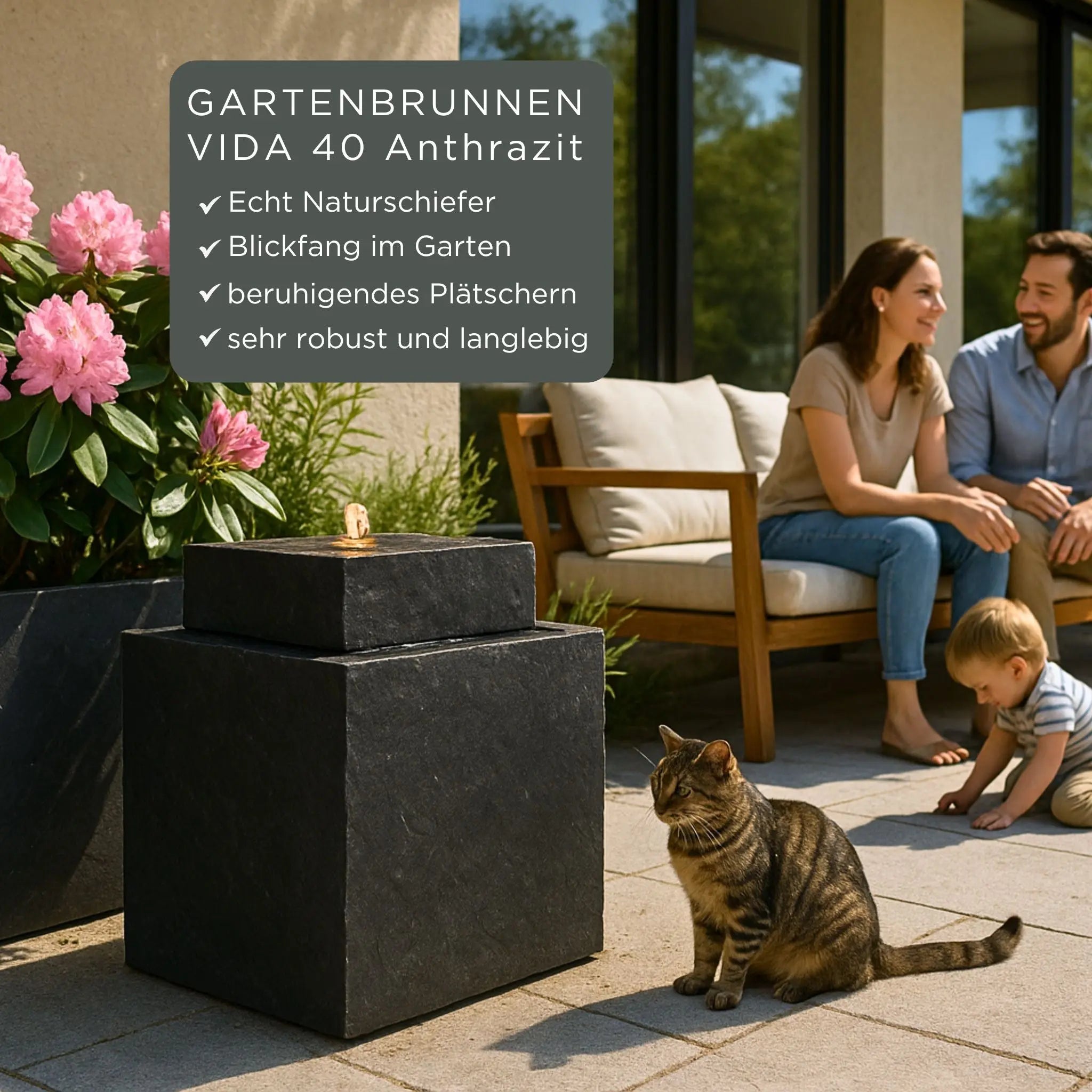VIDA 40 Anthrazit – stilvoller Würfelbrunnen schwarz, Naturschiefer, Vogeltränke, dezentes Licht, 38 x 38 x 48 cm, 36 kg - CLIMAQUA