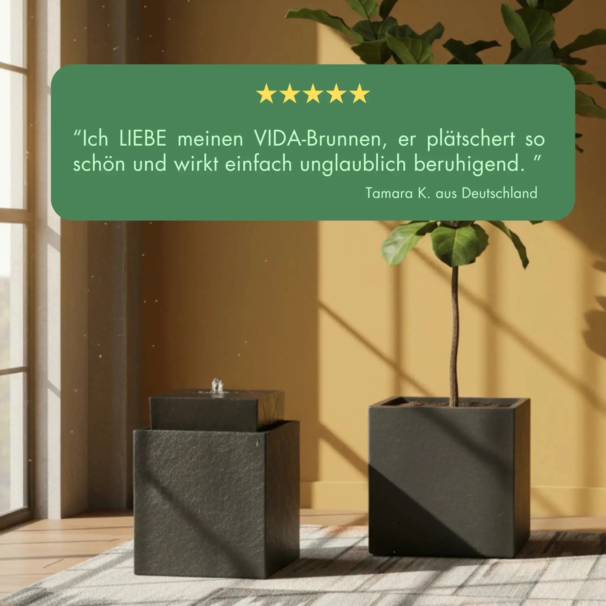 VIDA 40 Anthrazit – stilvoller Würfelbrunnen schwarz, Naturschiefer, Vogeltränke, dezentes Licht, 38 x 38 x 48 cm, 36 kg - CLIMAQUA