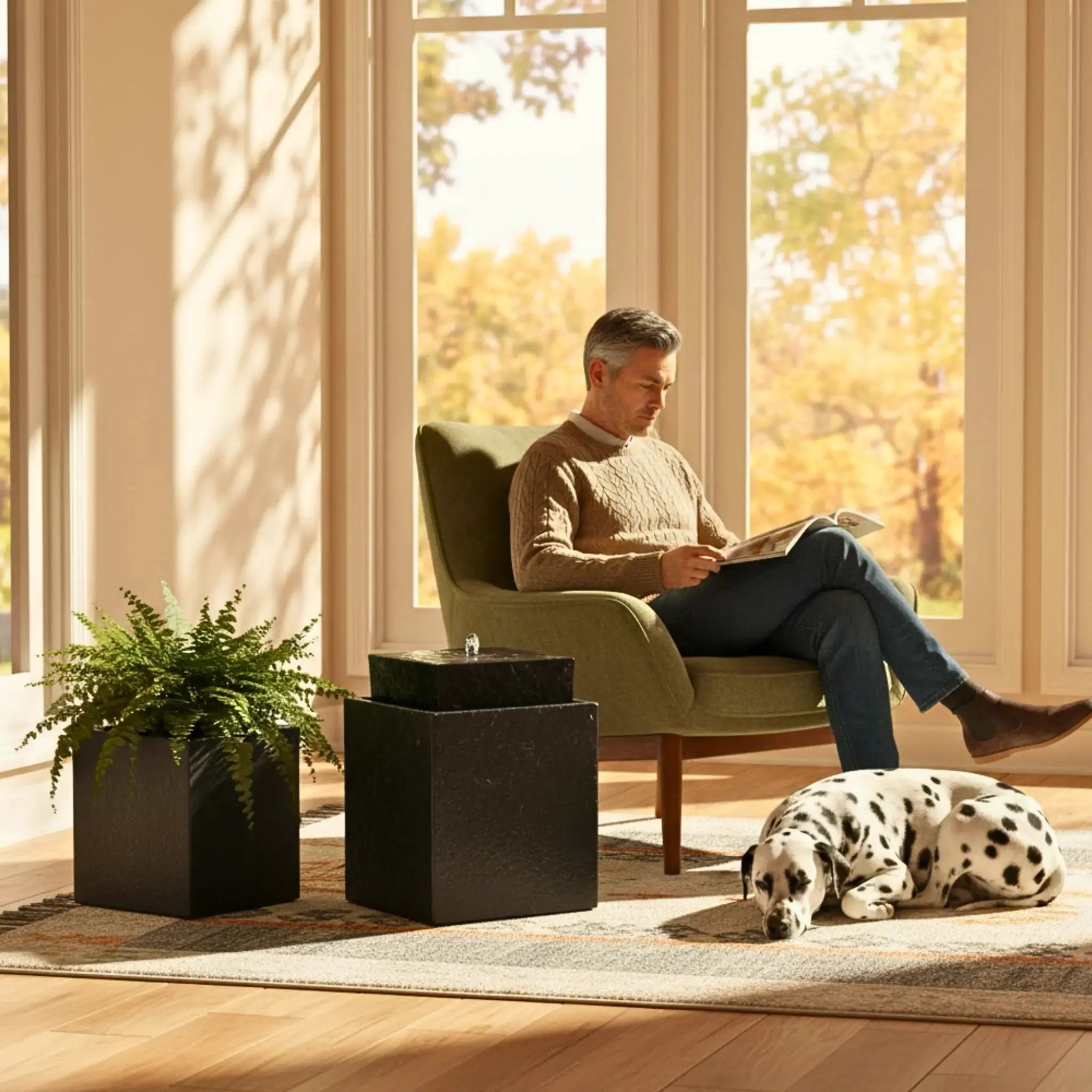 VIDA 40 Anthrazit – stilvoller Würfelbrunnen schwarz, Naturschiefer, Vogeltränke, dezentes Licht, 38 x 38 x 48 cm, 36 kg - CLIMAQUA