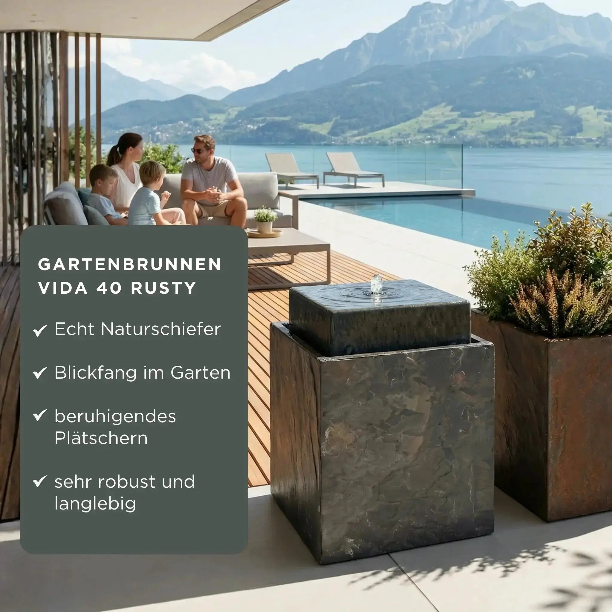 VIDA 40 Rusty – Springbrunnen edel eckig Naturschiefer Braun, Vogeltränke, stimmungsvolle LED, 38 x 38 x 48 cm, 36 kg - CLIMAQUA
