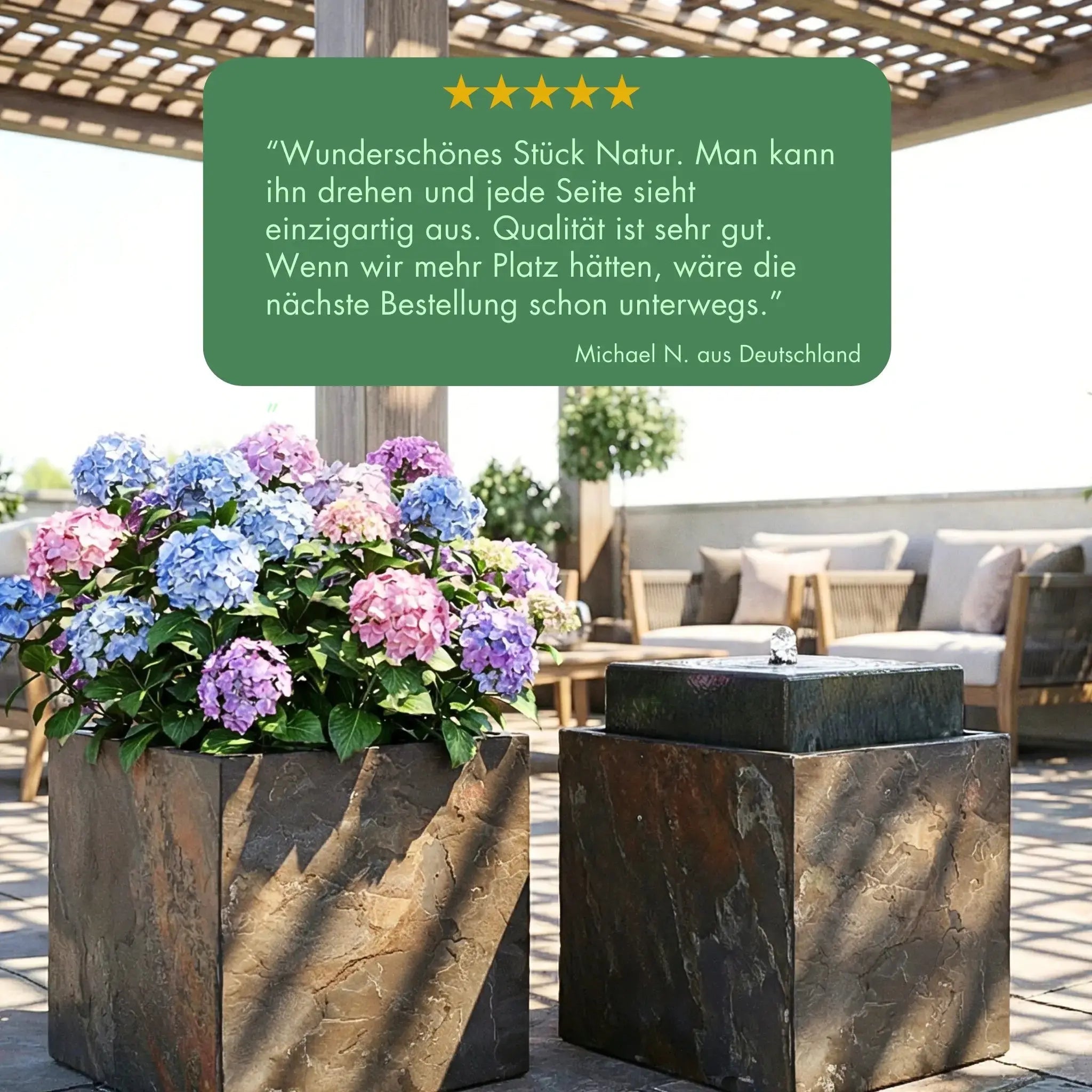 VIDA 40 Rusty – Springbrunnen edel eckig Naturschiefer Braun, Vogeltränke, stimmungsvolle LED, 38 x 38 x 48 cm, 36 kg - CLIMAQUA