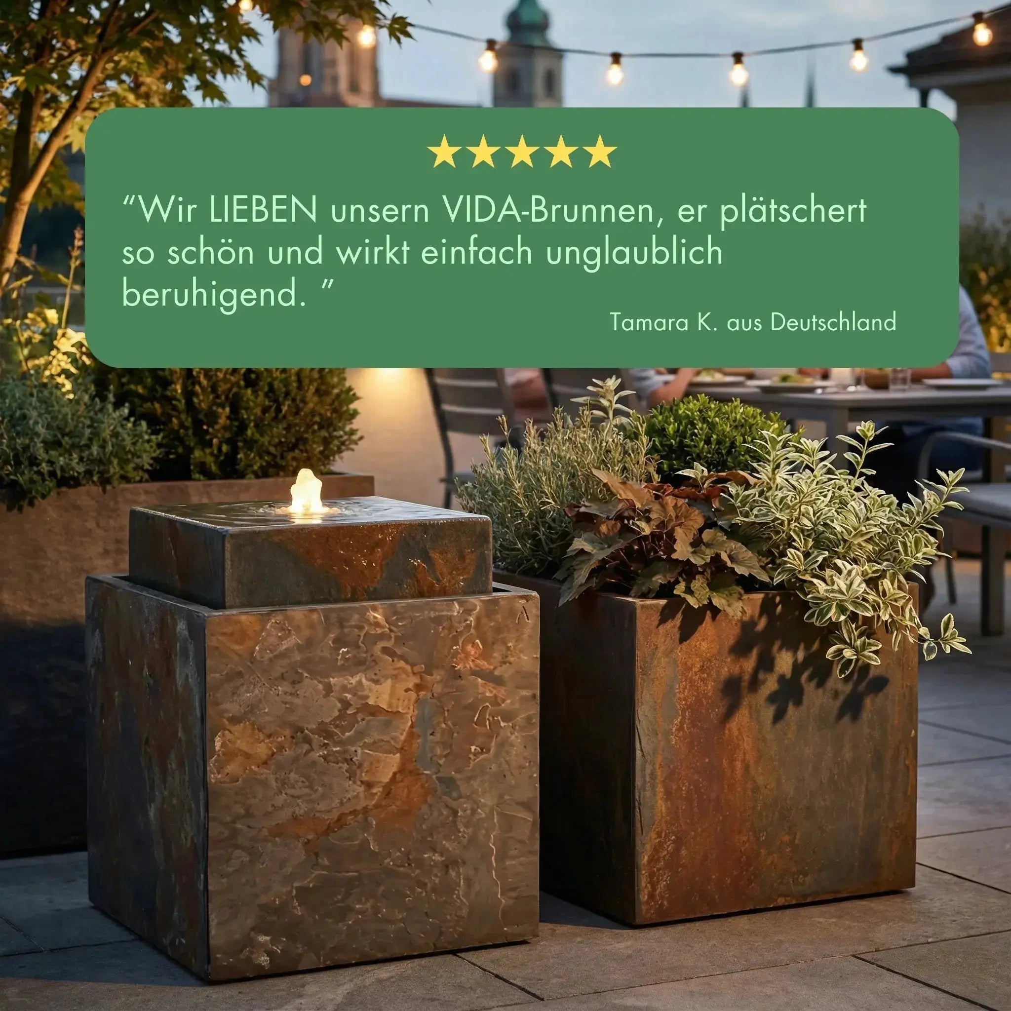 VIDA 40 Rusty – Springbrunnen edel eckig Naturschiefer Braun, Vogeltränke, stimmungsvolle LED, 38 x 38 x 48 cm, 36 kg - CLIMAQUA