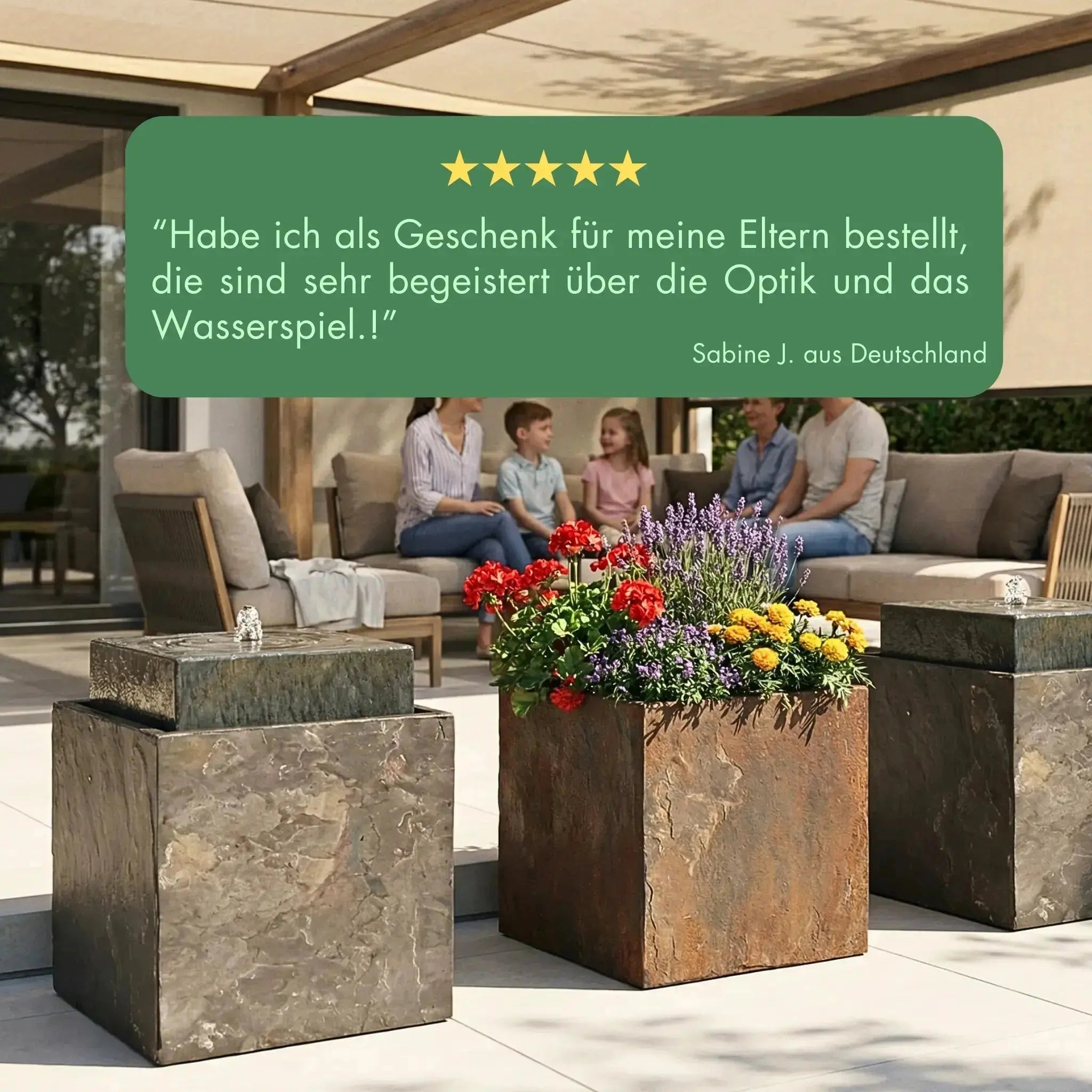 VIDA 40 Rusty – Springbrunnen edel eckig Naturschiefer Braun, Vogeltränke, stimmungsvolle LED, 38 x 38 x 48 cm, 36 kg - CLIMAQUA