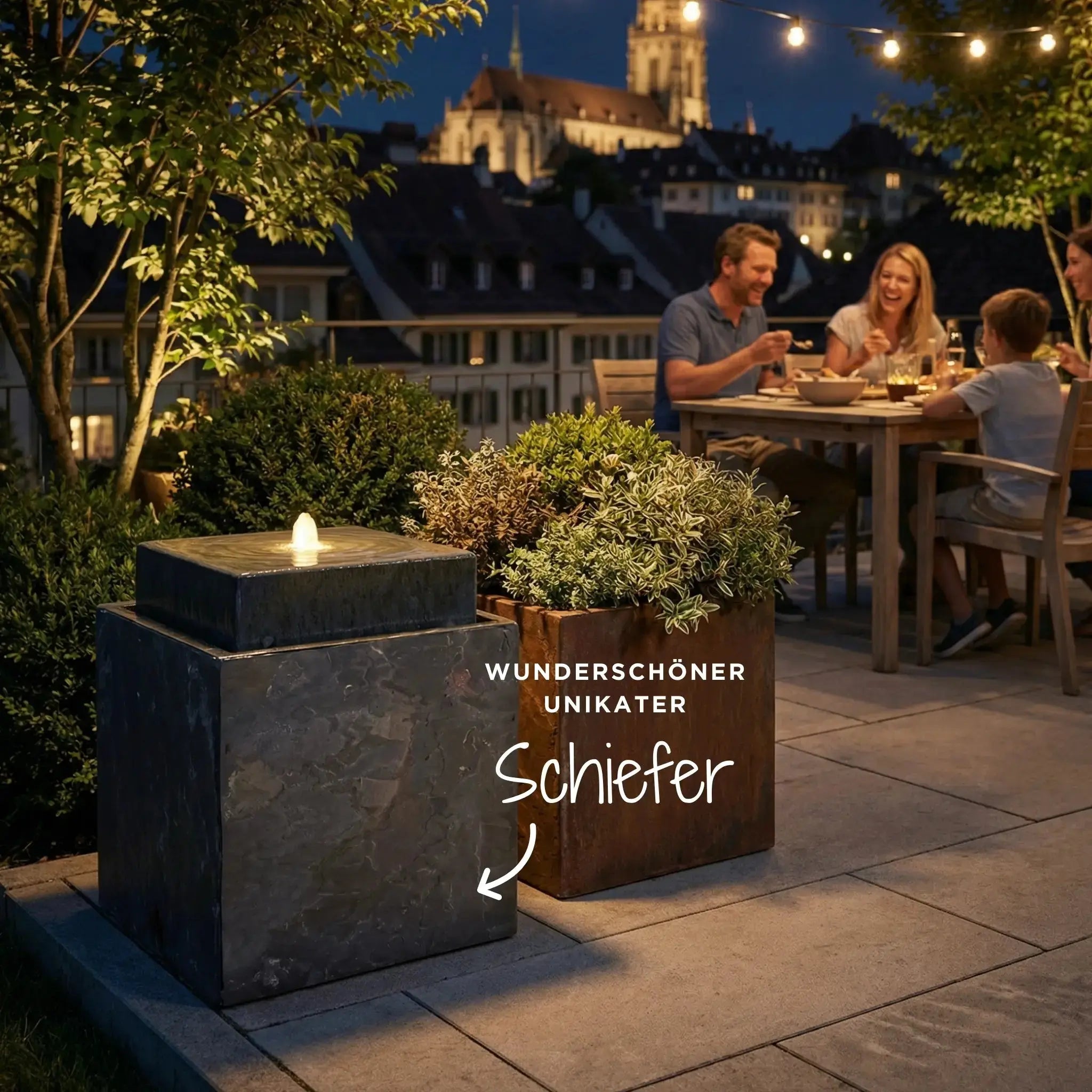 VIDA 40 Rusty – Springbrunnen edel eckig Naturschiefer Braun, Vogeltränke, stimmungsvolle LED, 38 x 38 x 48 cm, 36 kg - CLIMAQUA