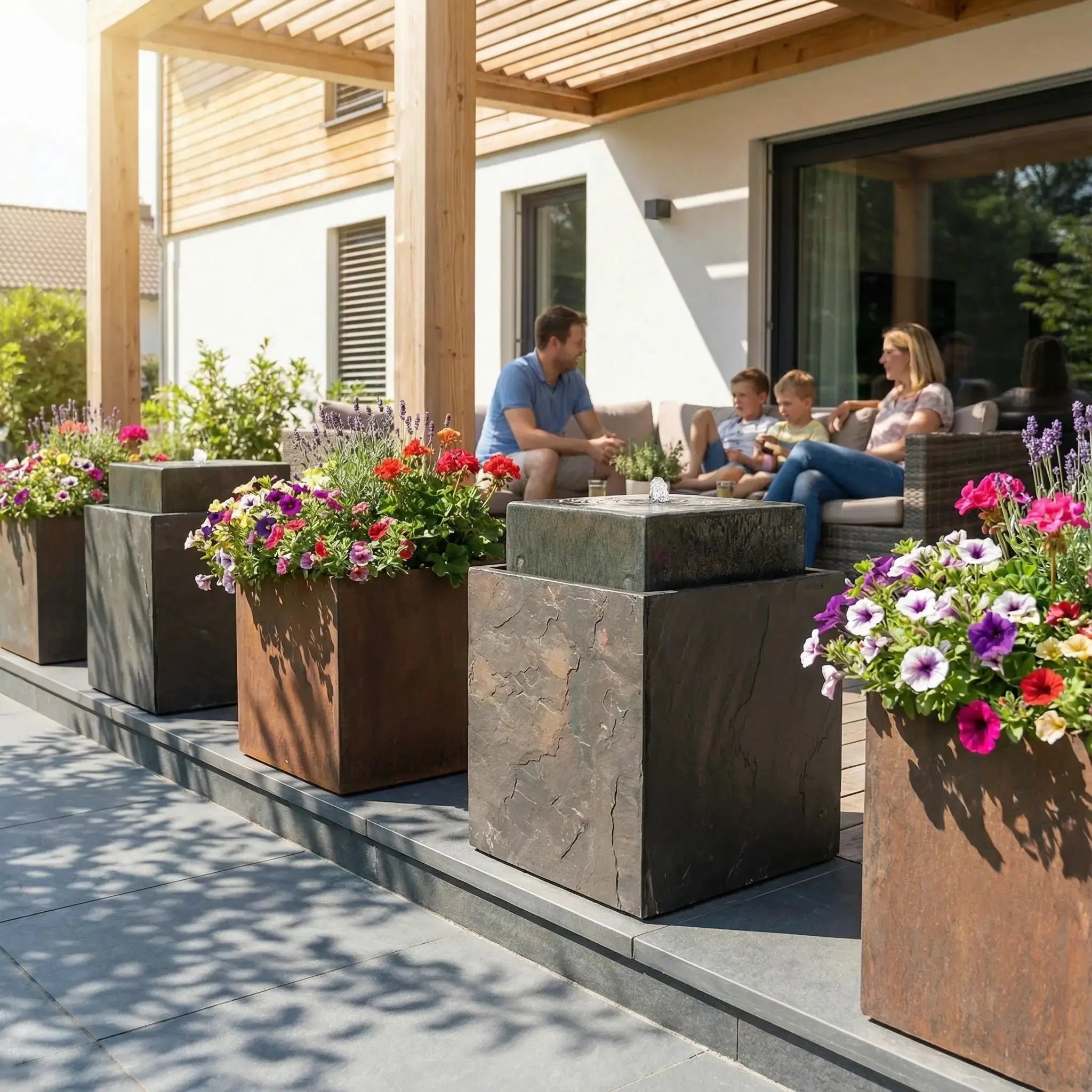 VIDA 40 Rusty – Springbrunnen edel eckig Naturschiefer Braun, Vogeltränke, stimmungsvolle LED, 38 x 38 x 48 cm, 36 kg - CLIMAQUA