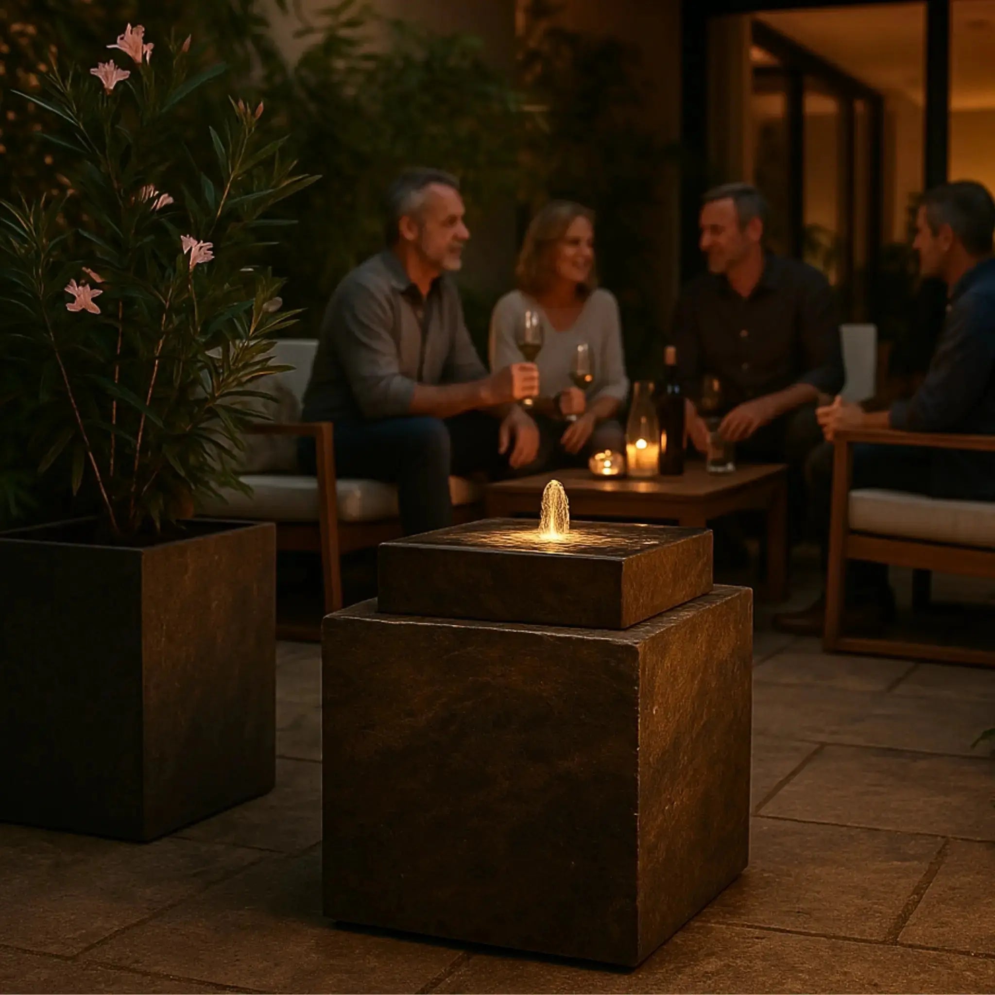 VIDA 40 Rusty – Springbrunnen edel eckig Naturschiefer Braun, Vogeltränke, stimmungsvolle LED, 38 x 38 x 48 cm, 36 kg - CLIMAQUA