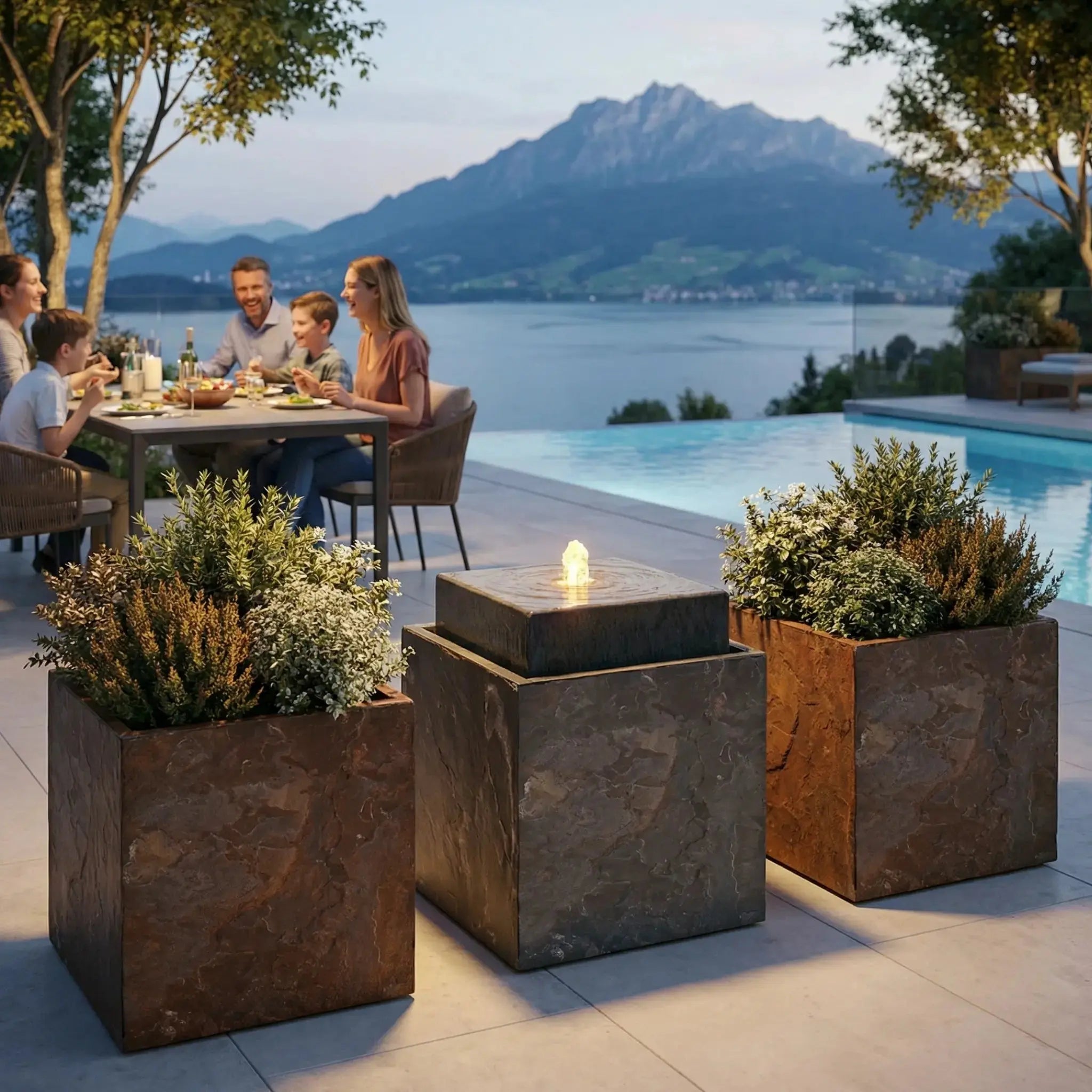 VIDA 40 Rusty – Springbrunnen edel eckig Naturschiefer Braun, Vogeltränke, stimmungsvolle LED, 38 x 38 x 48 cm, 36 kg - CLIMAQUA