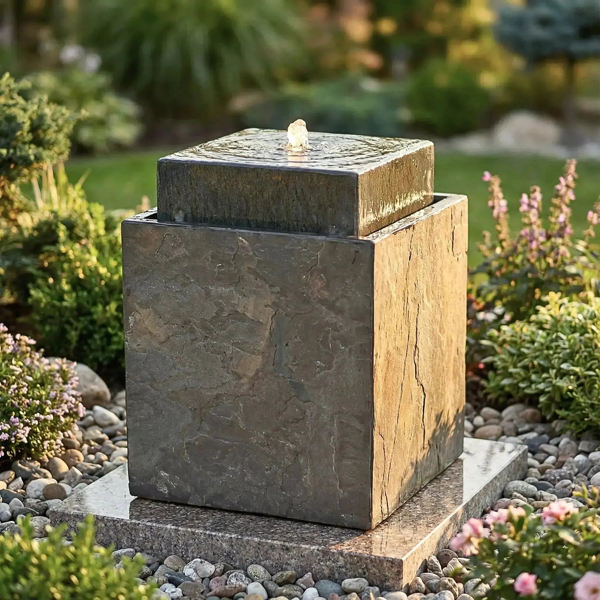 VIDA 40 Rusty – Springbrunnen edel eckig Naturschiefer Braun, Vogeltränke, stimmungsvolle LED, 38 x 38 x 48 cm, 36 kg - CLIMAQUA