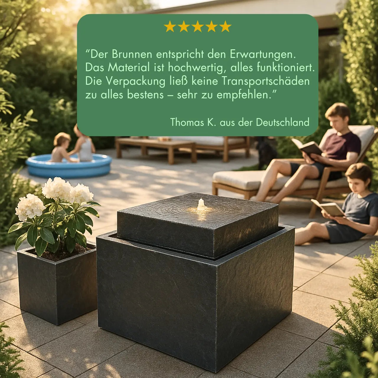 VIDA 60 Anthrazit – Gartenbrunnen modern Naturschiefer Schwarz, Vogeltränke, beleuchteter Wassersprudel, 57 x 57 x 50 cm, 60 kg - CLIMAQUA