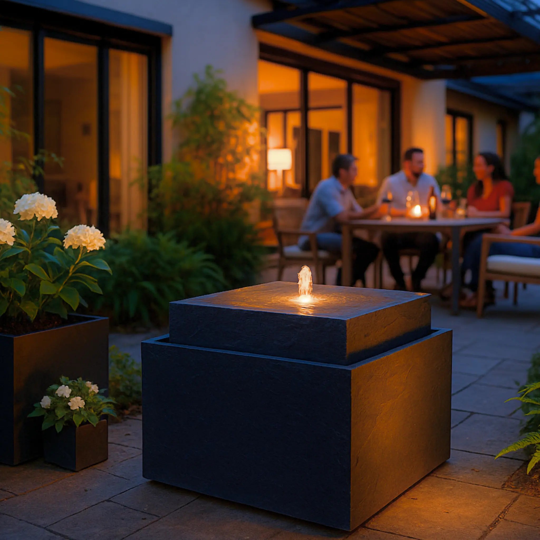 VIDA 60 Anthrazit – Gartenbrunnen modern Naturschiefer Schwarz, Vogeltränke, beleuchteter Wassersprudel, 57 x 57 x 50 cm, 60 kg - CLIMAQUA