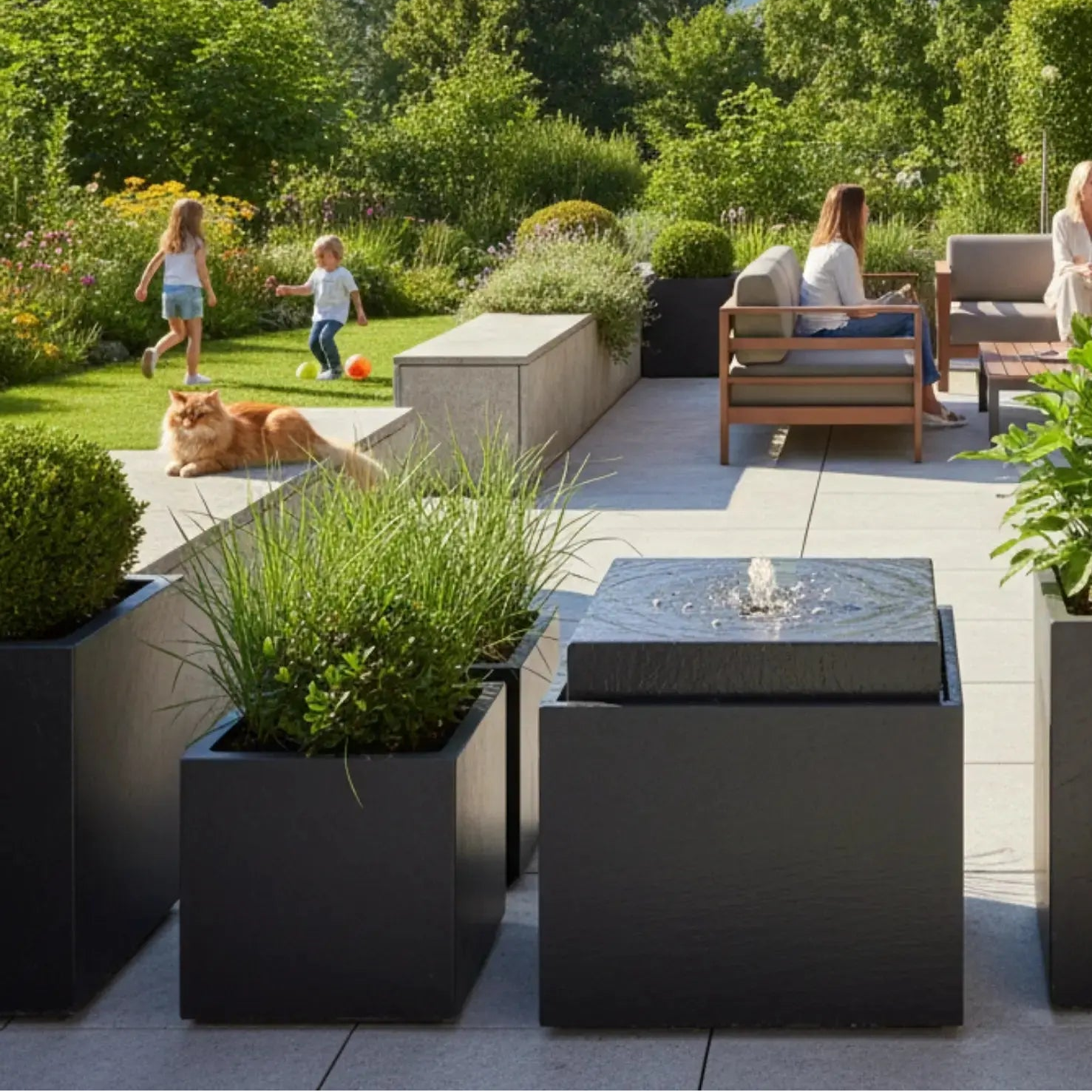 VIDA 60 Anthrazit – Gartenbrunnen modern Naturschiefer Schwarz, Vogeltränke, beleuchteter Wassersprudel, 57 x 57 x 50 cm, 60 kg - CLIMAQUA