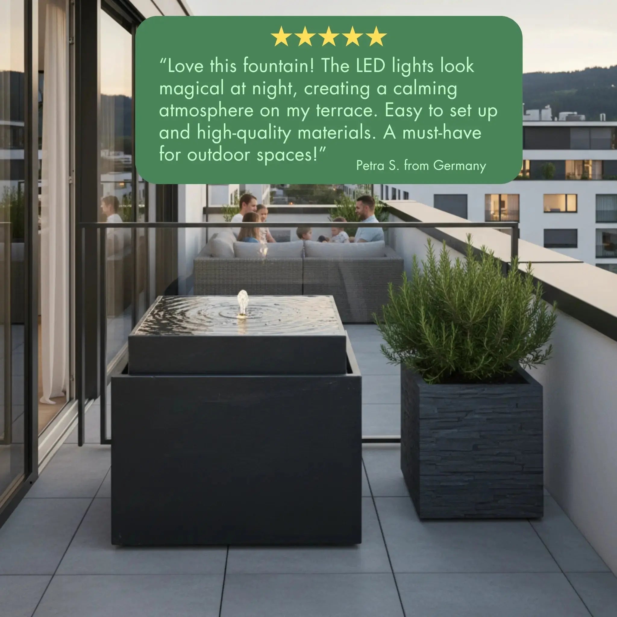 VIDA 60 Anthrazit – Gartenbrunnen modern Naturschiefer Schwarz, Vogeltränke, beleuchteter Wassersprudel, 57 x 57 x 50 cm, 60 kg - CLIMAQUA