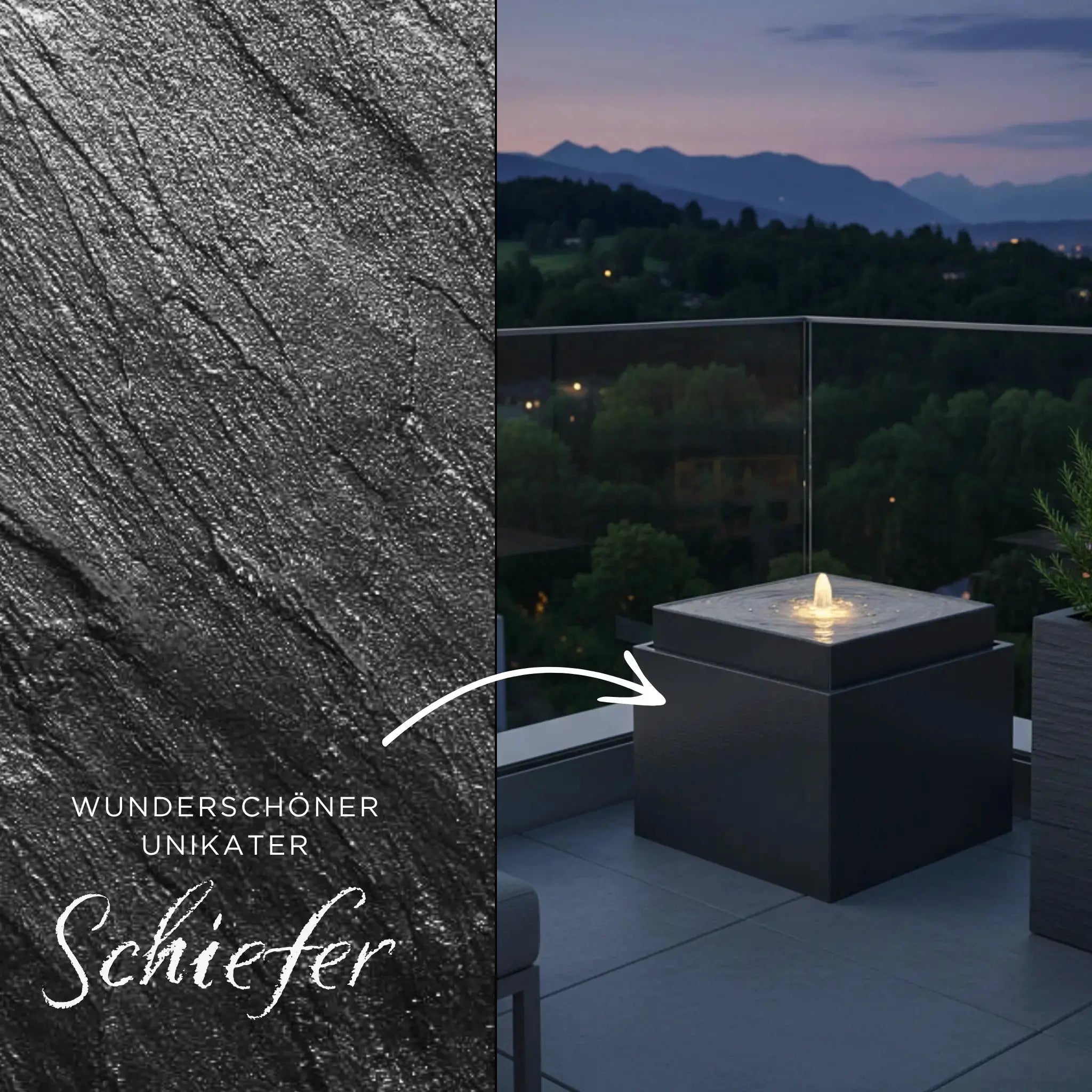 VIDA 60 Anthrazit – Gartenbrunnen modern Naturschiefer Schwarz, Vogeltränke, beleuchteter Wassersprudel, 57 x 57 x 50 cm, 60 kg - CLIMAQUA