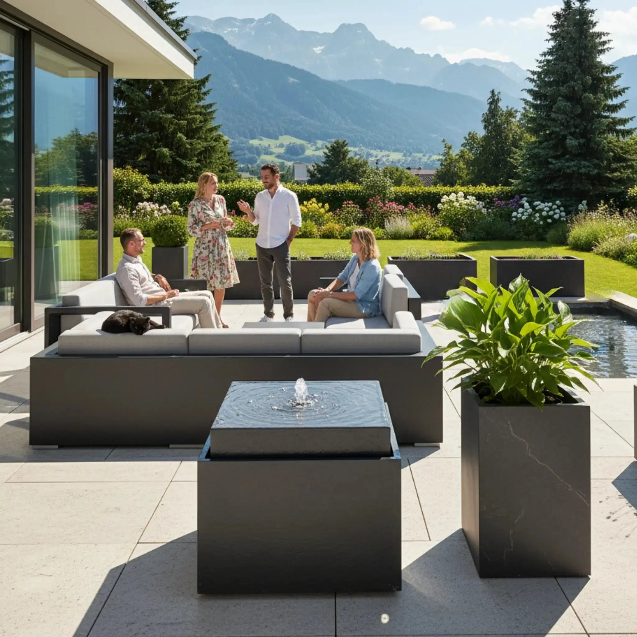 VIDA 60 Anthrazit – Gartenbrunnen modern Naturschiefer Schwarz, Vogeltränke, beleuchteter Wassersprudel, 57 x 57 x 50 cm, 60 kg - CLIMAQUA