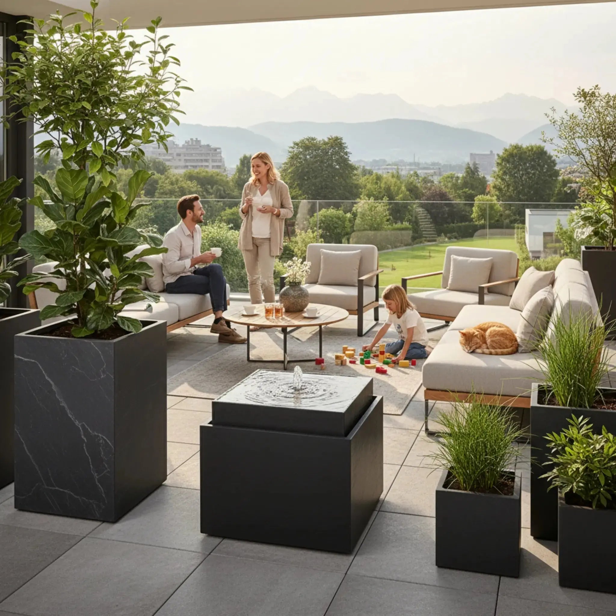 VIDA 60 Anthrazit – Gartenbrunnen modern Naturschiefer Schwarz, Vogeltränke, beleuchteter Wassersprudel, 57 x 57 x 50 cm, 60 kg - CLIMAQUA