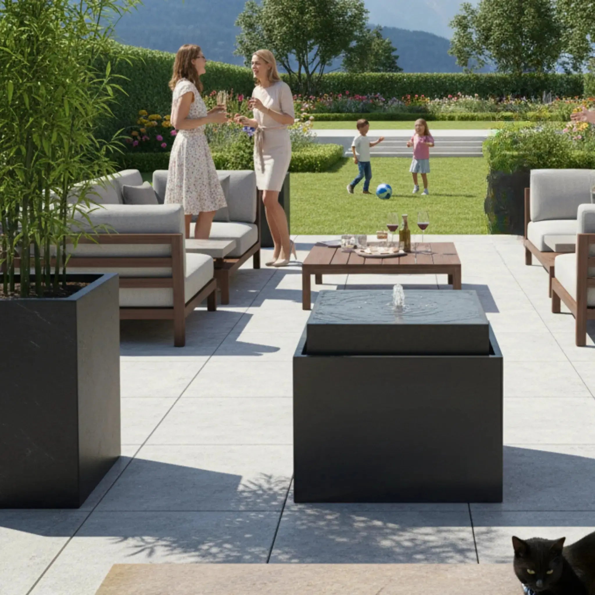 VIDA 60 Anthrazit – Gartenbrunnen modern Naturschiefer Schwarz, Vogeltränke, beleuchteter Wassersprudel, 57 x 57 x 50 cm, 60 kg - CLIMAQUA