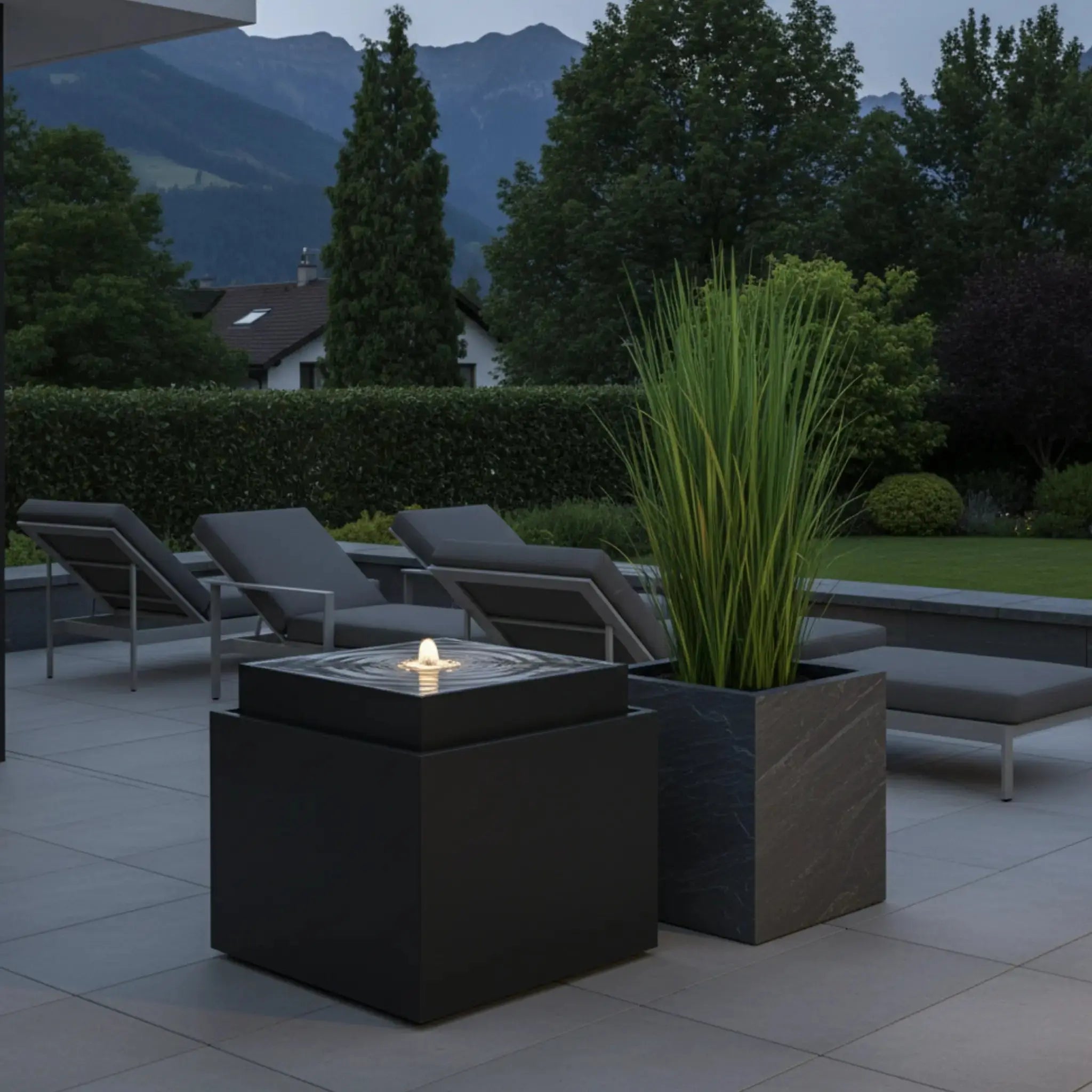 VIDA 60 Anthrazit – Gartenbrunnen modern Naturschiefer Schwarz, Vogeltränke, beleuchteter Wassersprudel, 57 x 57 x 50 cm, 60 kg - CLIMAQUA