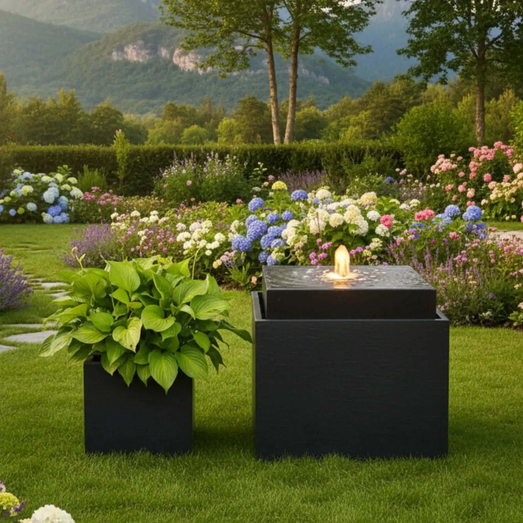 VIDA 60 Anthrazit – Gartenbrunnen modern Naturschiefer Schwarz, Vogeltränke, beleuchteter Wassersprudel, 57 x 57 x 50 cm, 60 kg - CLIMAQUA