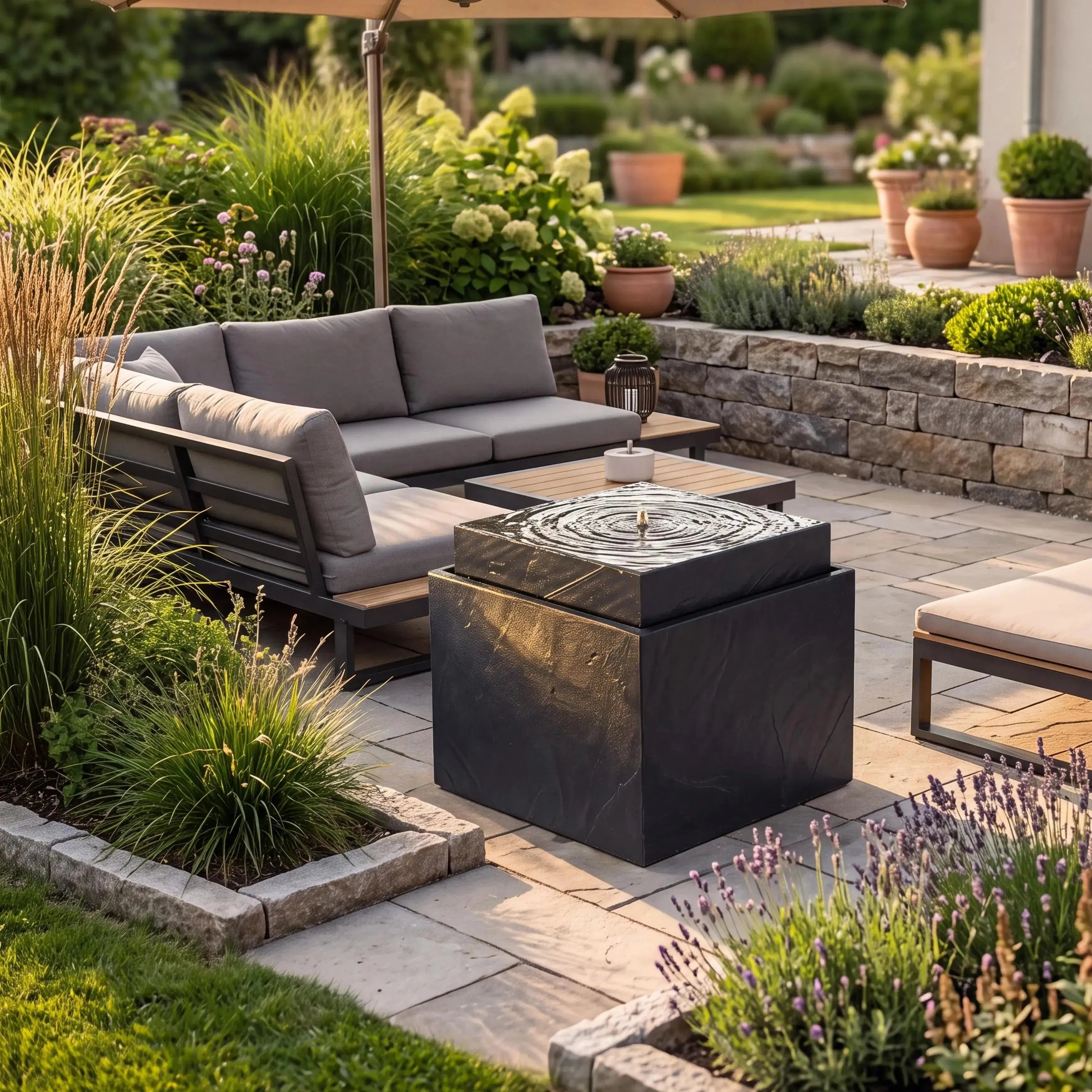 VIDA 60 Anthrazit – Gartenbrunnen modern Naturschiefer Schwarz, Vogeltränke, beleuchteter Wassersprudel, 57 x 57 x 50 cm, 60 kg - CLIMAQUA