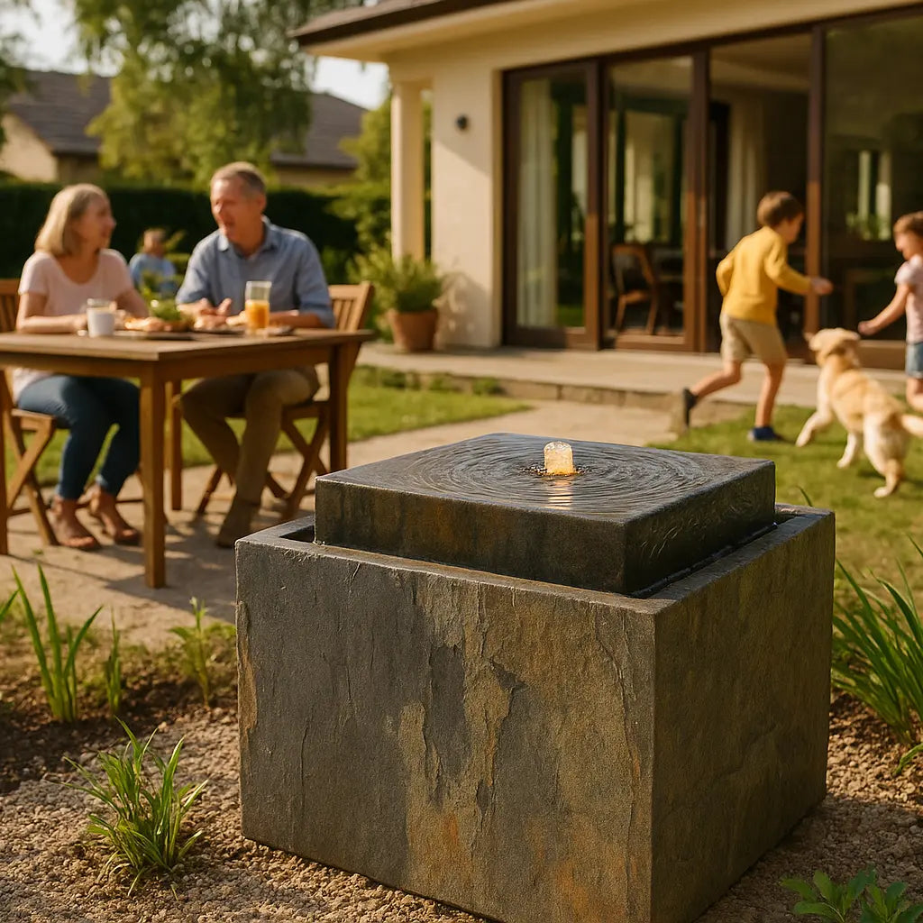 VIDA 60 Rusty – Terrassenbrunnen eckig gross Naturschiefer Braun, Vogeltränke, Sprudel mit warmweiss LED, 57 x 57 x 50 cm, 60 kg - CLIMAQUA