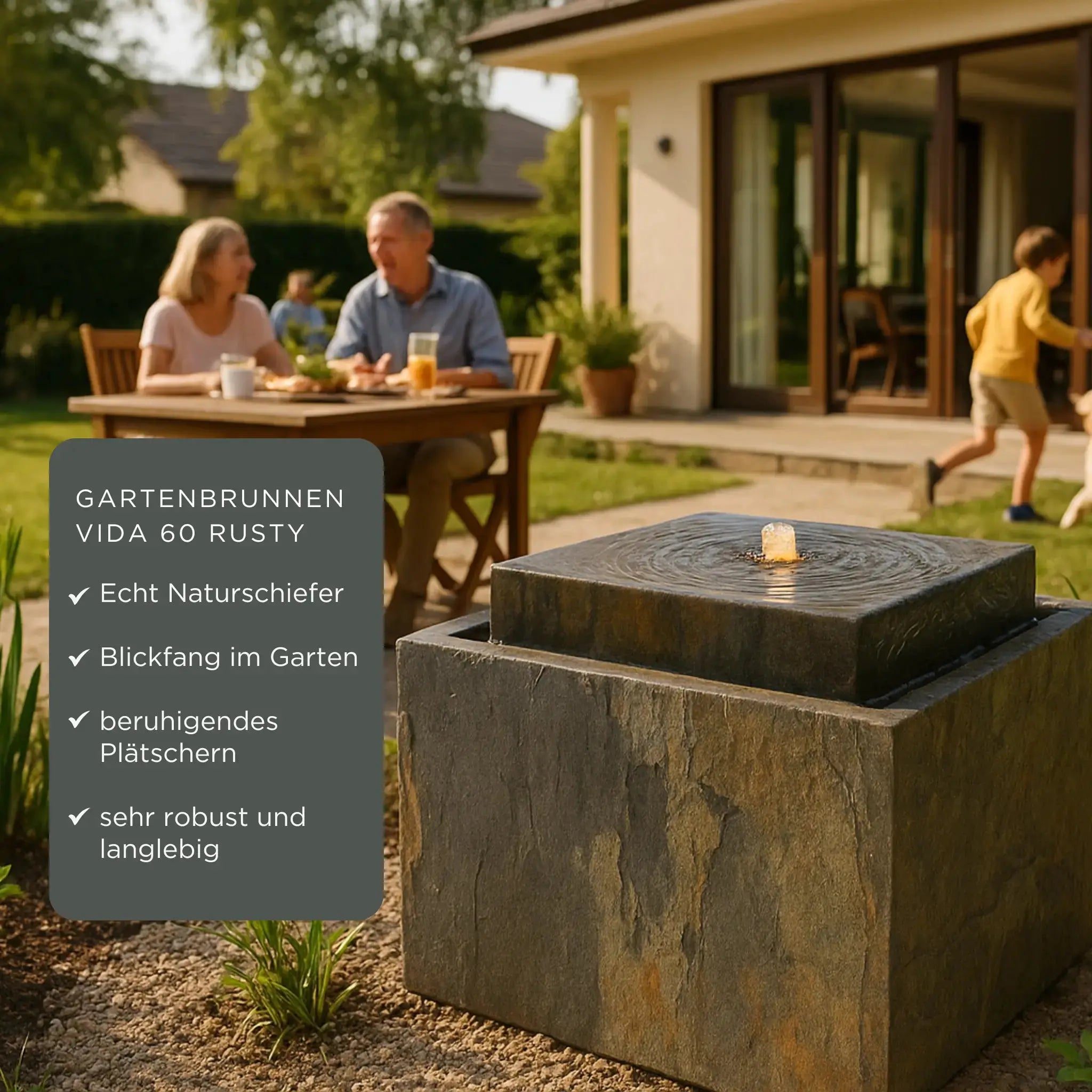 VIDA 40 Rusty – Springbrunnen edel eckig Naturschiefer Braun, Vogeltränke, stimmungsvolle LED, 38 x 38 x 48 cm, 36 kg - CLIMAQUA