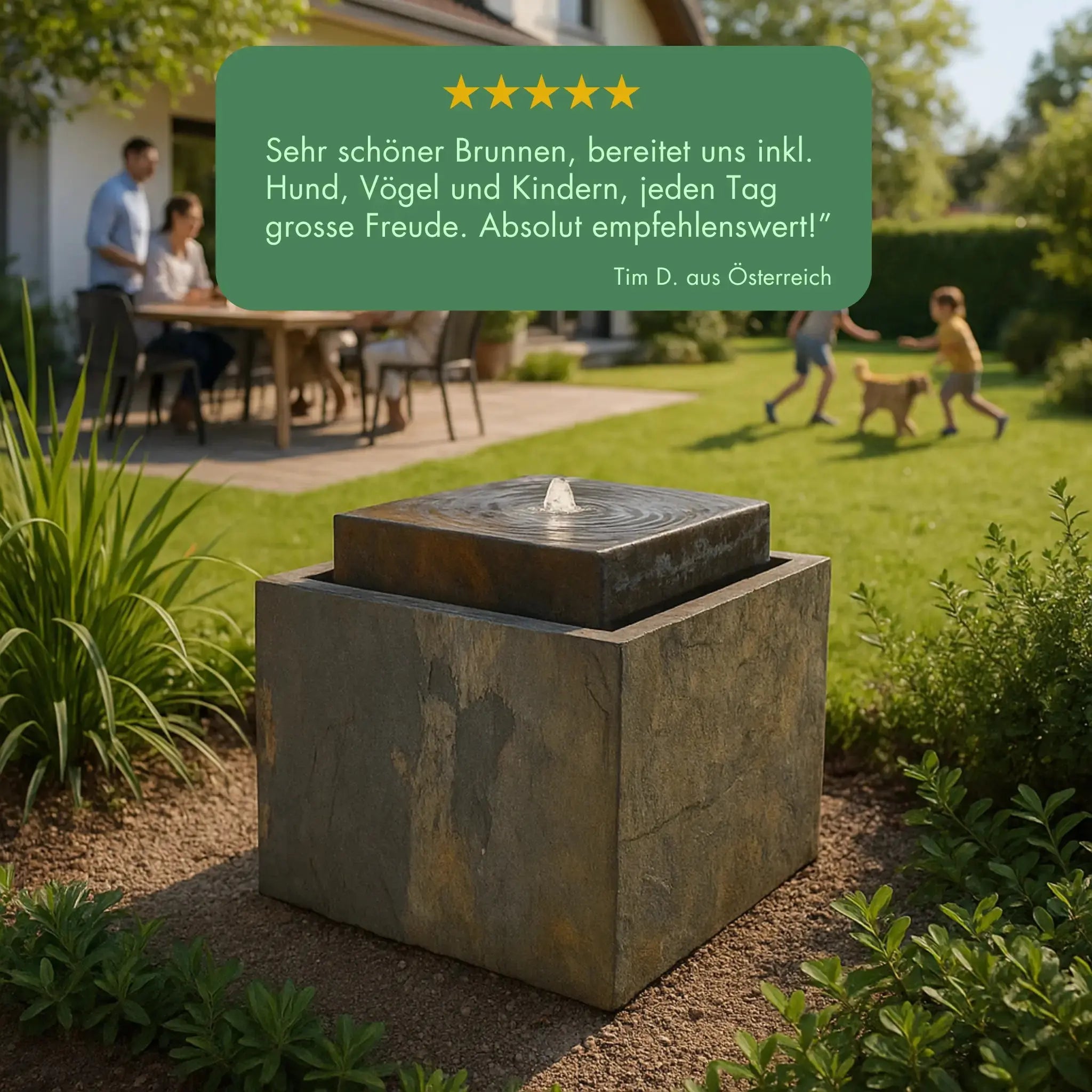 VIDA 40 Rusty – Springbrunnen edel eckig Naturschiefer Braun, Vogeltränke, stimmungsvolle LED, 38 x 38 x 48 cm, 36 kg - CLIMAQUA