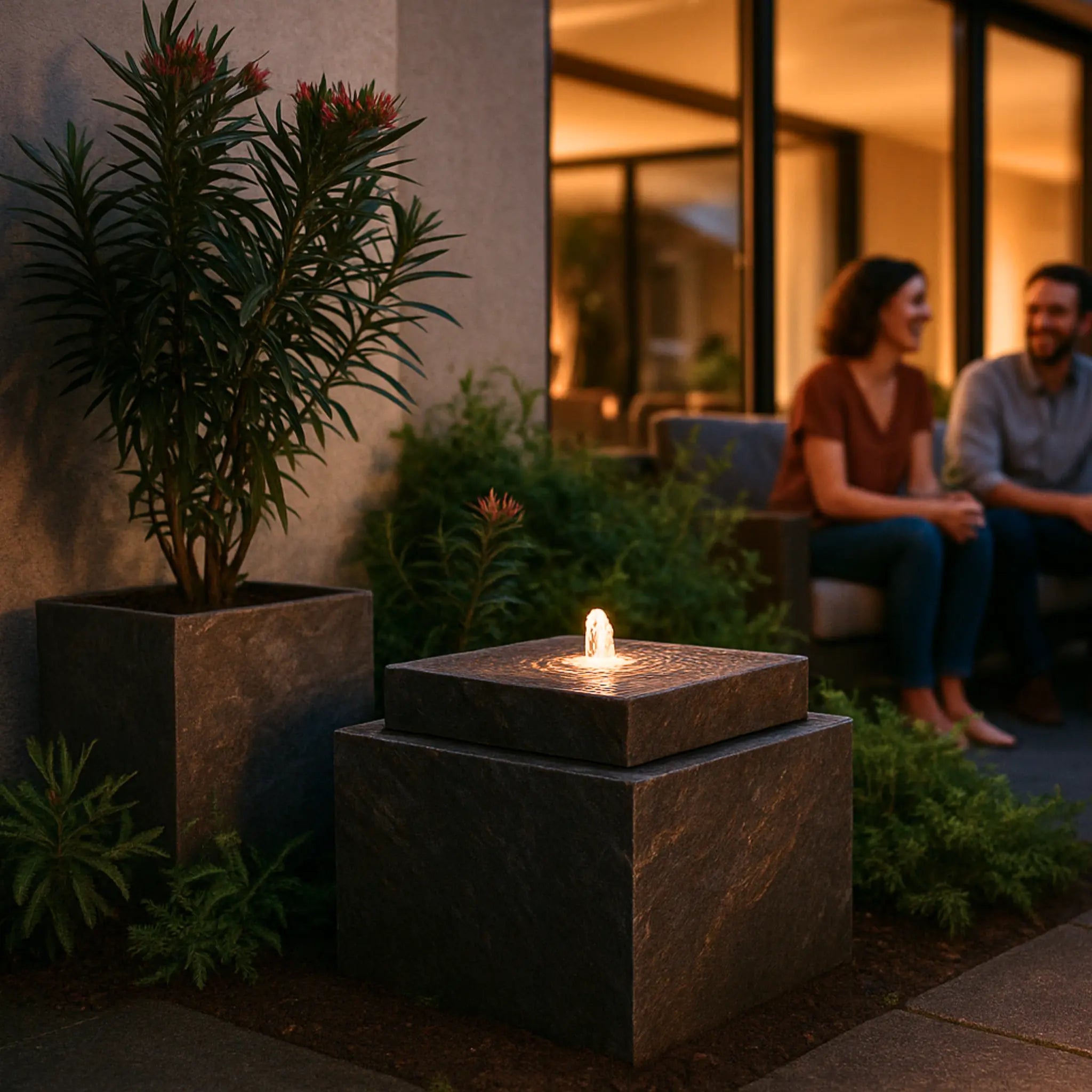 VIDA 60 Rusty – Terrassenbrunnen eckig gross Naturschiefer Braun, Vogeltränke, Sprudel mit warmweiss LED, 57 x 57 x 50 cm, 60 kg - CLIMAQUA