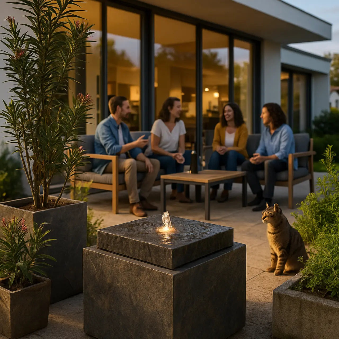 VIDA 60 Rusty – Terrassenbrunnen eckig gross Naturschiefer Braun, Vogeltränke, Sprudel mit warmweiss LED, 57 x 57 x 50 cm, 60 kg - CLIMAQUA