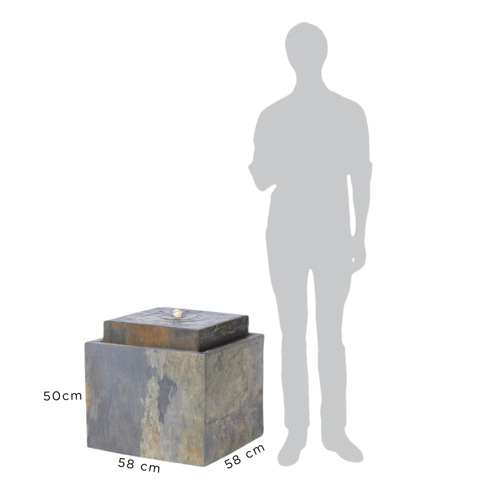 VIDA 60 Rusty – Terrassenbrunnen eckig gross Naturschiefer Braun, Vogeltränke, Sprudel mit warmweiss LED, 57 x 57 x 50 cm, 60 kg - CLIMAQUA