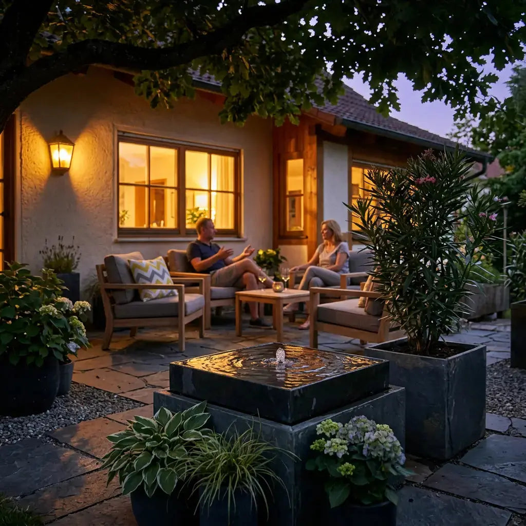 VIDA 60 Rusty – Terrassenbrunnen eckig gross Naturschiefer Braun, Vogeltränke, Sprudel mit warmweiss LED, 57 x 57 x 50 cm, 60 kg - CLIMAQUA