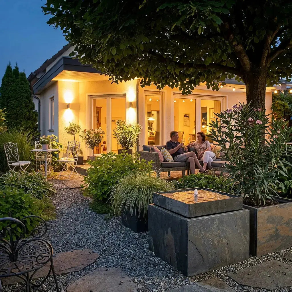 VIDA 60 Rusty – Terrassenbrunnen eckig gross Naturschiefer Braun, Vogeltränke, Sprudel mit warmweiss LED, 57 x 57 x 50 cm, 60 kg - CLIMAQUA