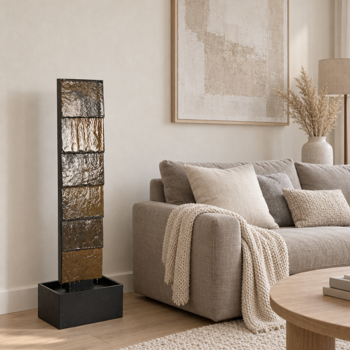 VIO L Rusty Wasserwand aus Schiefer in einem Wohnzimmer neben einem hellen Sofa mit Decke - CLIMAQUA (KI-Inhalte)