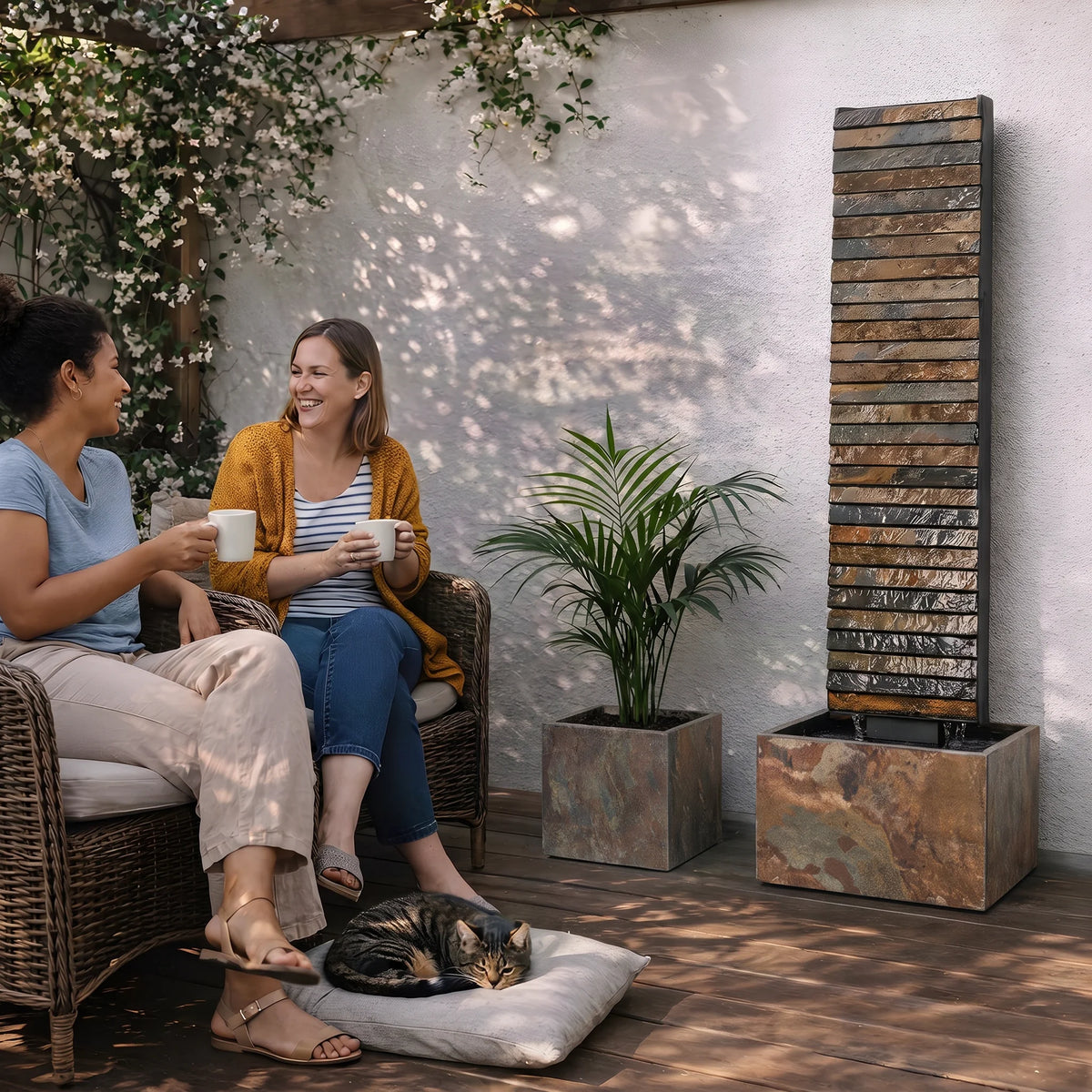 Kaffee in der Pergola neben der Wasserwand AVA L (KI-Inhalte)