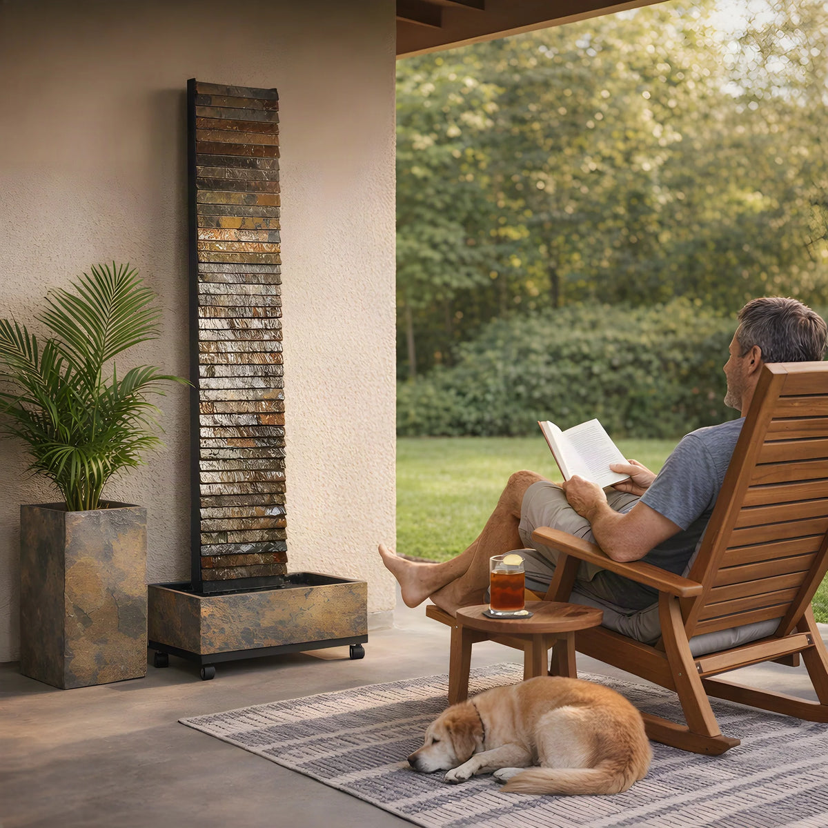 Lesen im Liegestuhl am Gartensitzplatz mit der Wasserwand AVA XL (KI-Inhalte)