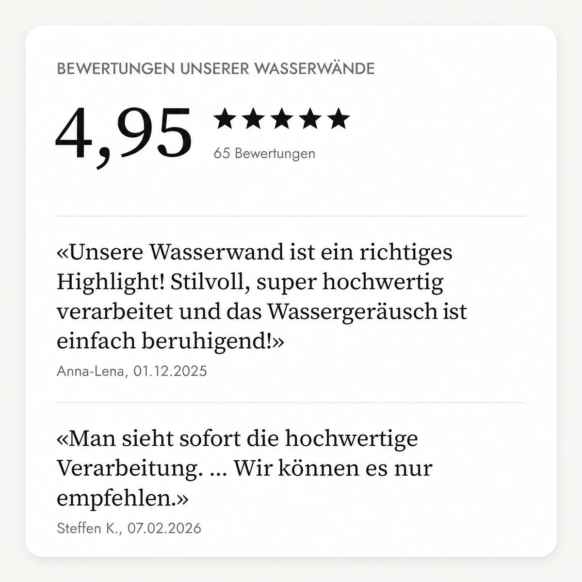 Bewertungen unserer Wasserwände: 4,95 Sterne aus 65 Bewertungen, mit Kundenstimmen von Anna-Lena und Steffen K.