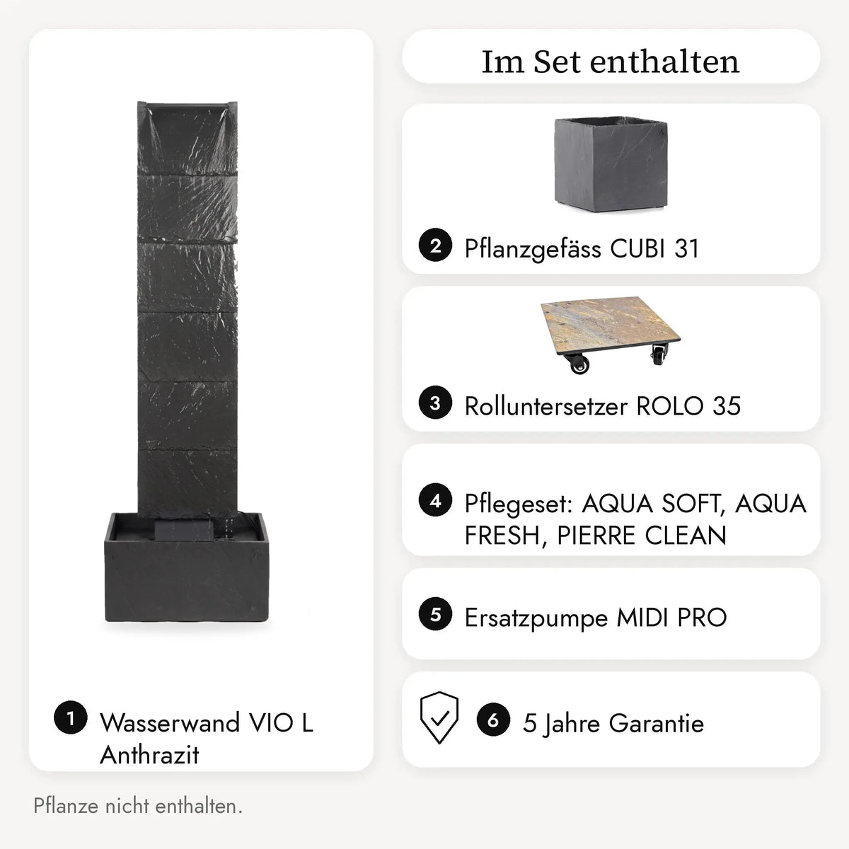 Im VIO L PURE LIVING Set enthalten: Wasserwand VIO L Anthrazit, Pflanzgefäss CUBI 31, Rolluntersetzer ROLO 35, Pflegeset, Ersatzpumpe MIDI PRO und 5 Jahre Garantie